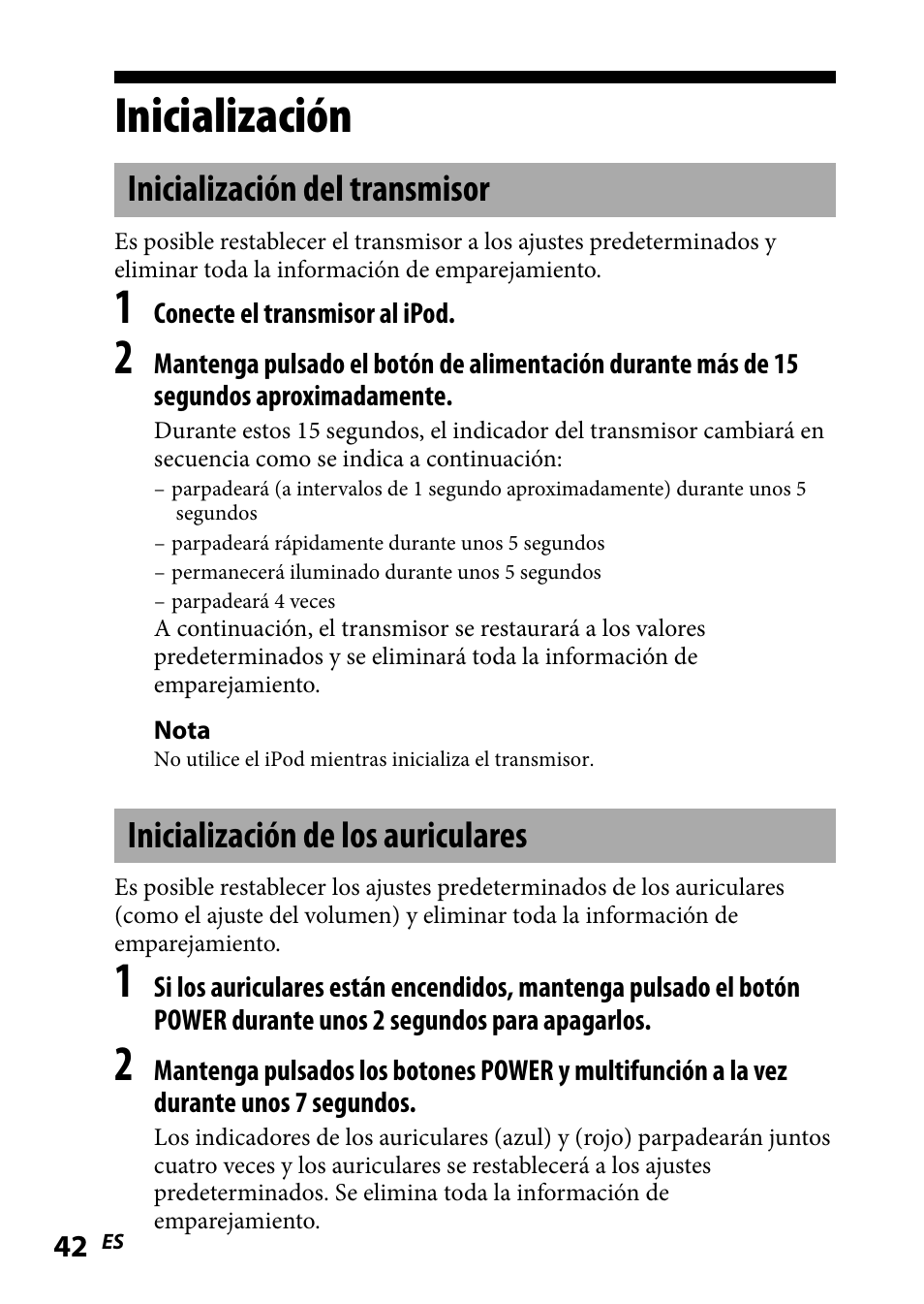 Inicialización, Inicialización del transmisor, Inicialización de los auriculares | Auriculares | Sony DR-BT101IK User Manual | Page 86 / 92