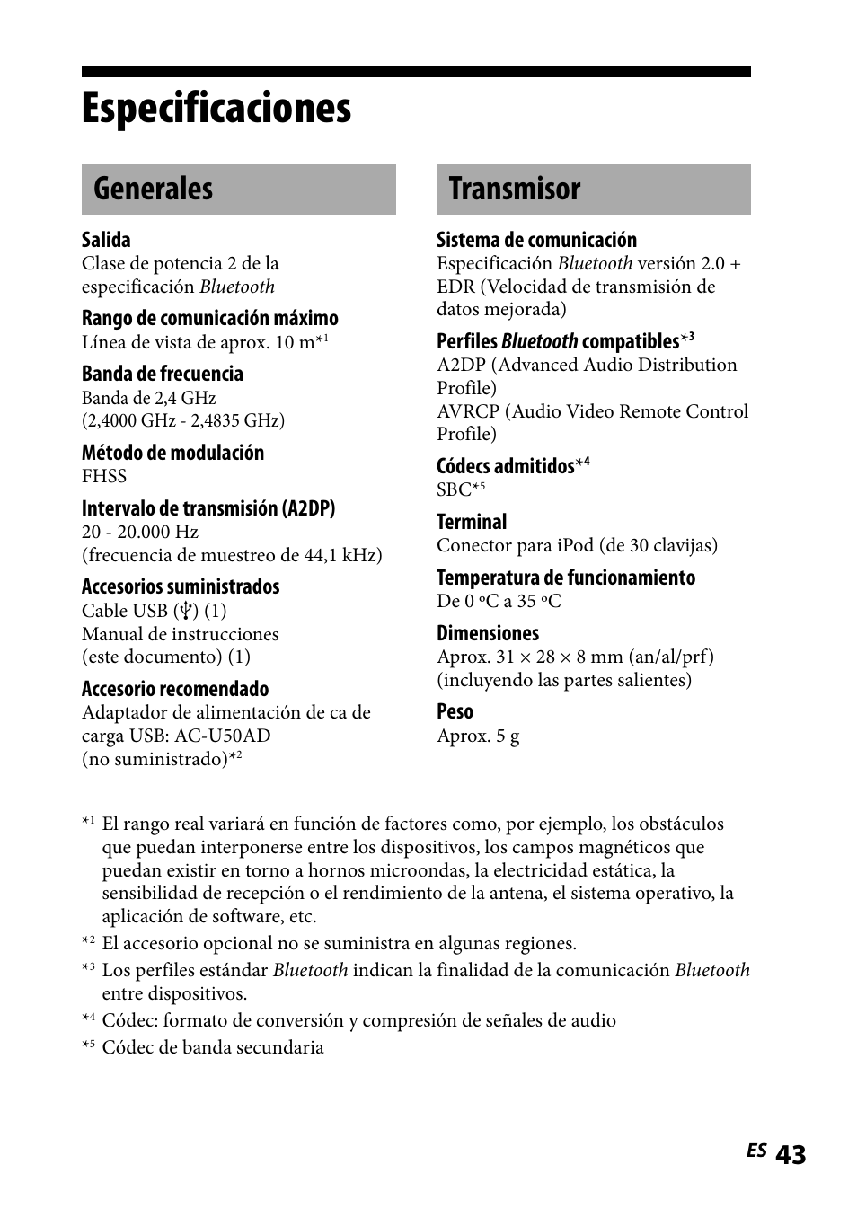 Especificaciones, Generales, Transmisor | Generales transmisor | Sony DR-BT101IK User Manual | Page 87 / 92