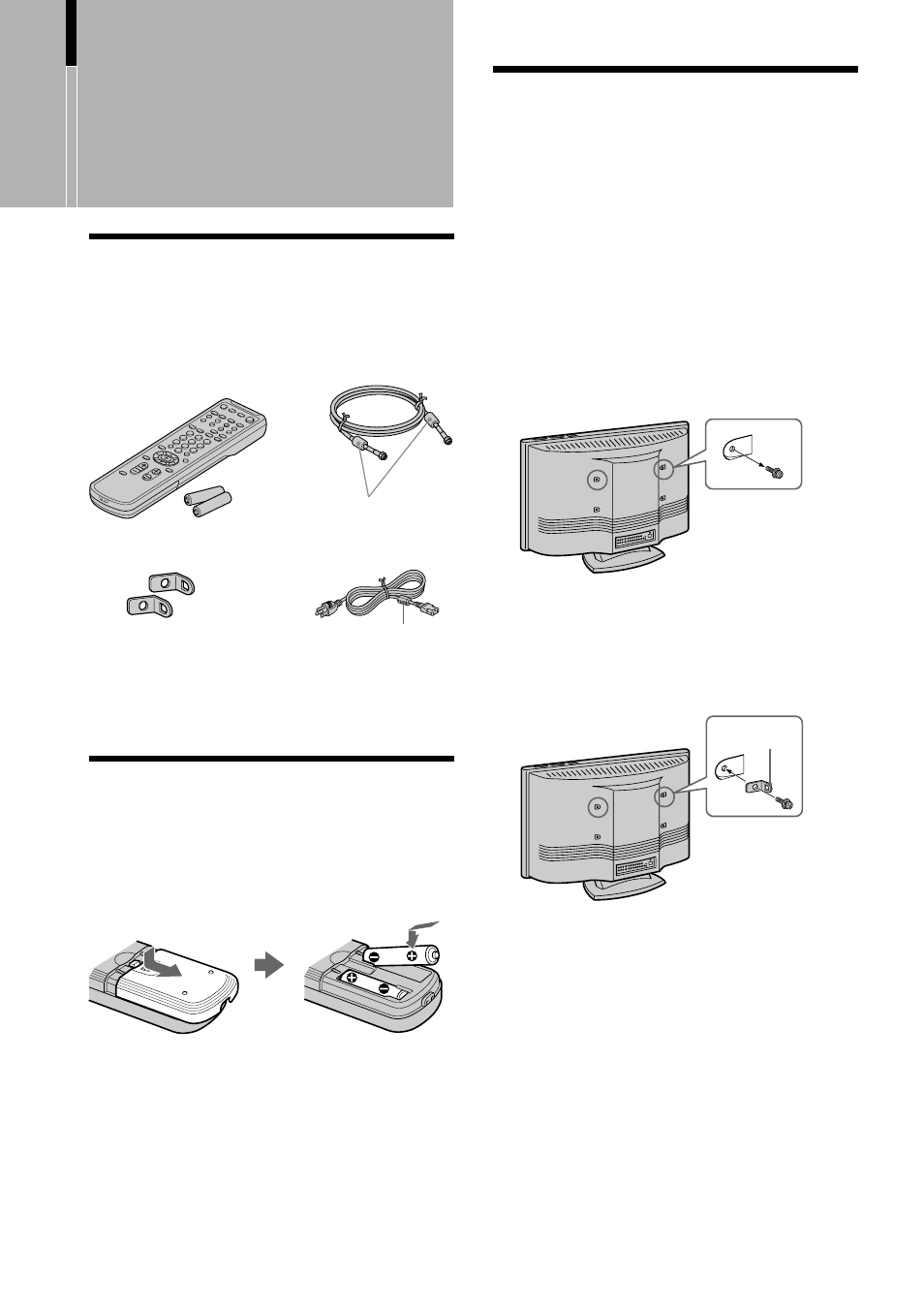 Instalación y conexión del tv, Desembalaje, Inserción de las pilas en el control remoto | Para evitar que el tv se caiga | Sony WEGA KZ 42TS1 User Manual | Page 120 / 176