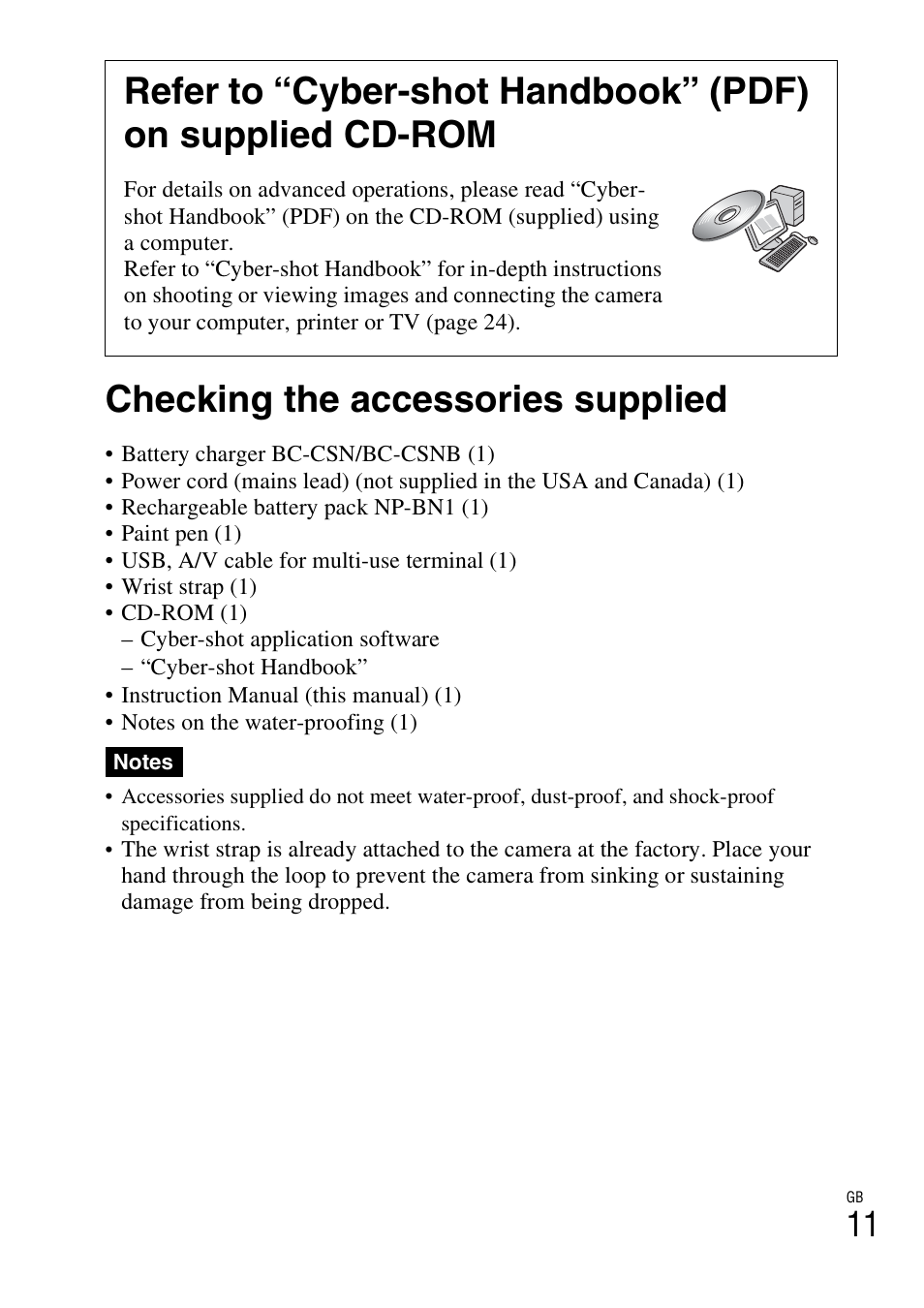 Checking the accessories supplied | Sony Cyber-shot 4-170-840-12(1) User Manual | Page 11 / 36