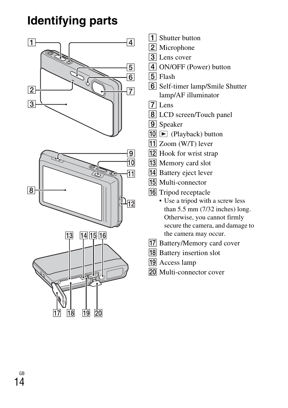 Identifying parts | Sony Cyber-shot 4-170-840-12(1) User Manual | Page 14 / 36