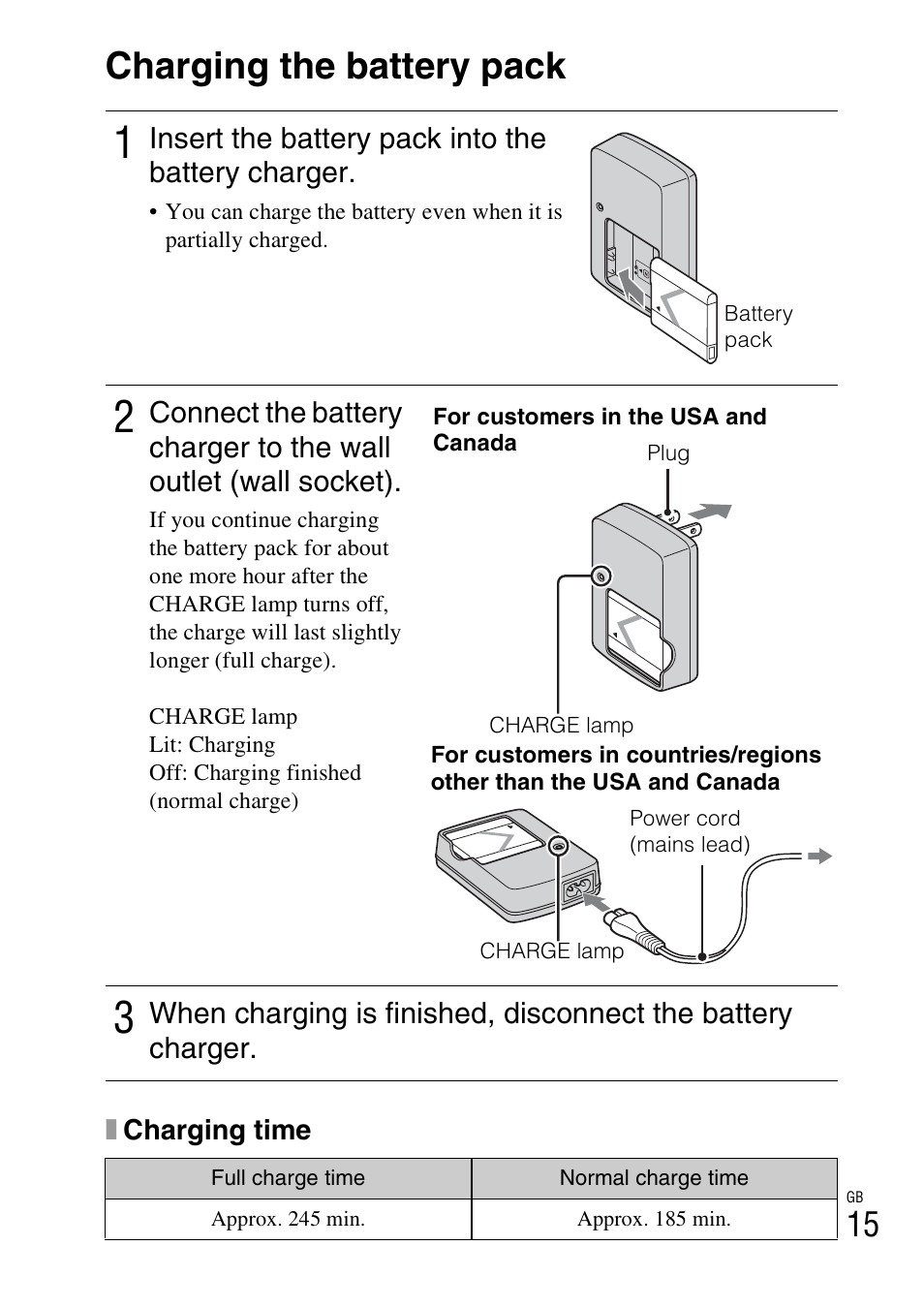 Charging the battery pack | Sony Cyber-shot 4-170-840-12(1) User Manual | Page 15 / 36