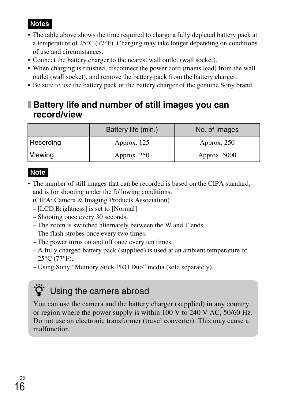 Using the camera abroad | Sony Cyber-shot 4-170-840-12(1) User Manual | Page 16 / 36