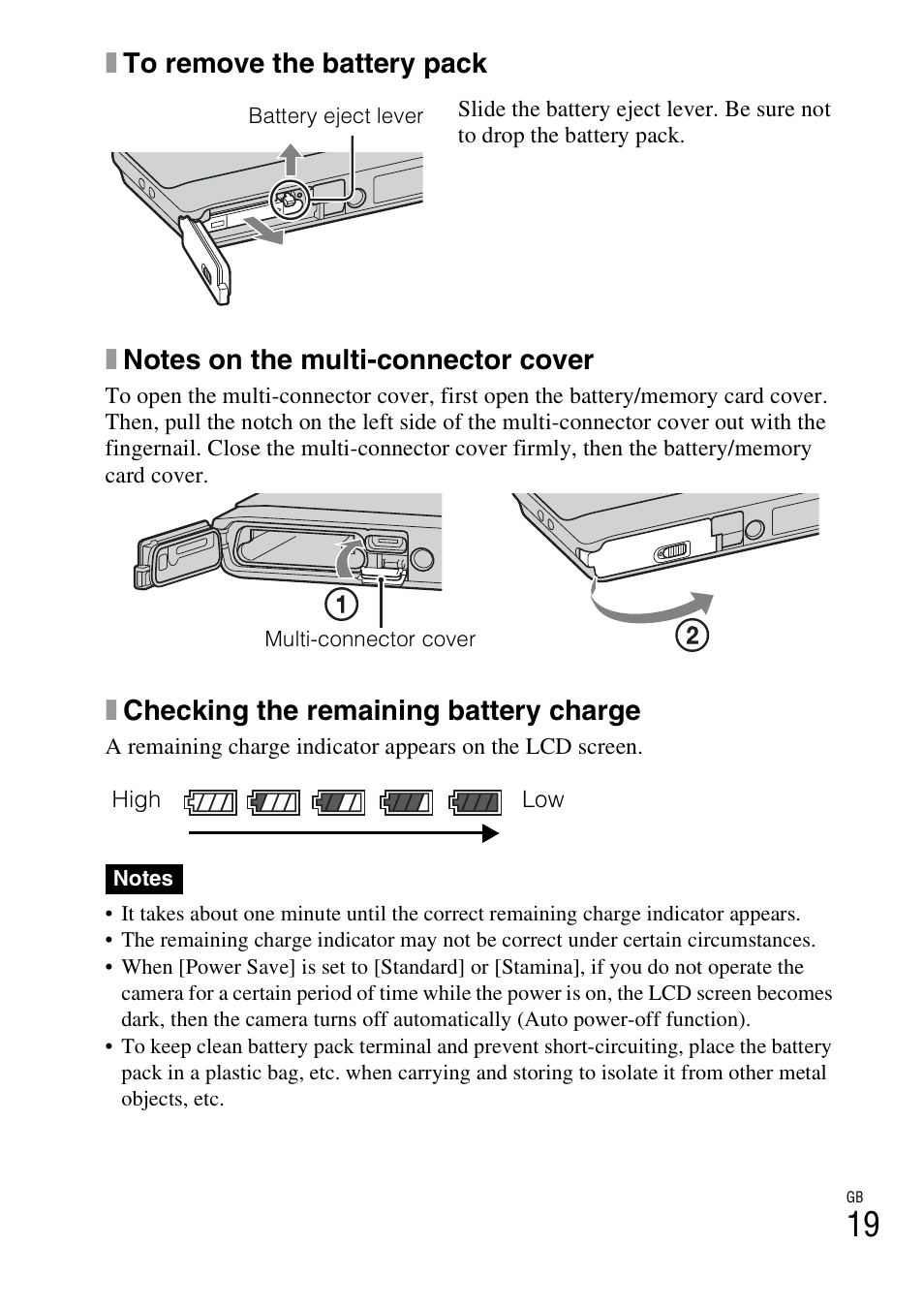 Xchecking the remaining battery charge | Sony Cyber-shot 4-170-840-12(1) User Manual | Page 19 / 36