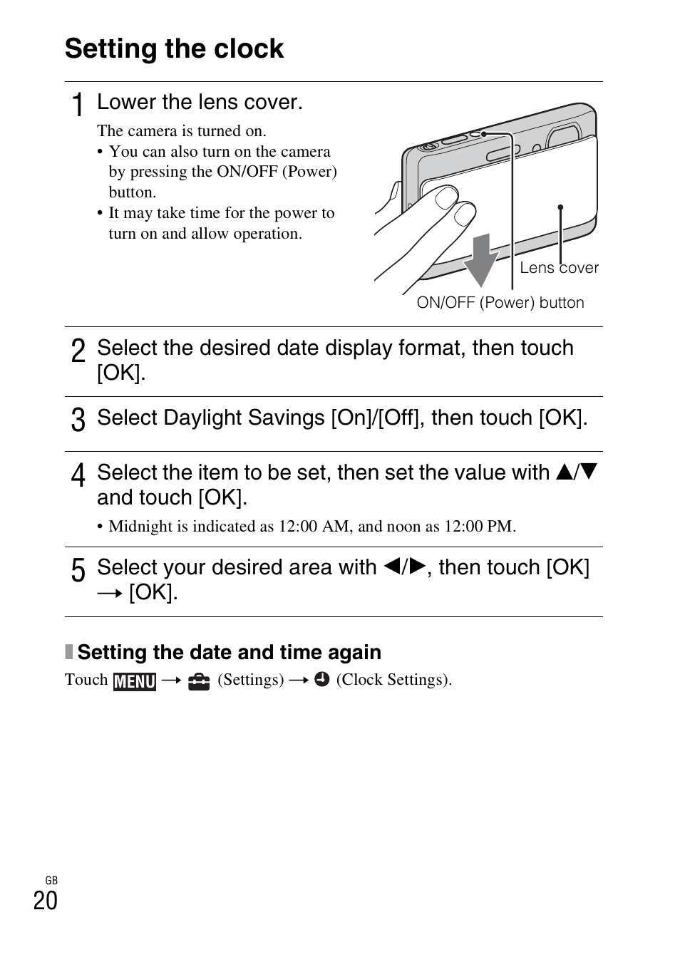 Setting the clock | Sony Cyber-shot 4-170-840-12(1) User Manual | Page 20 / 36