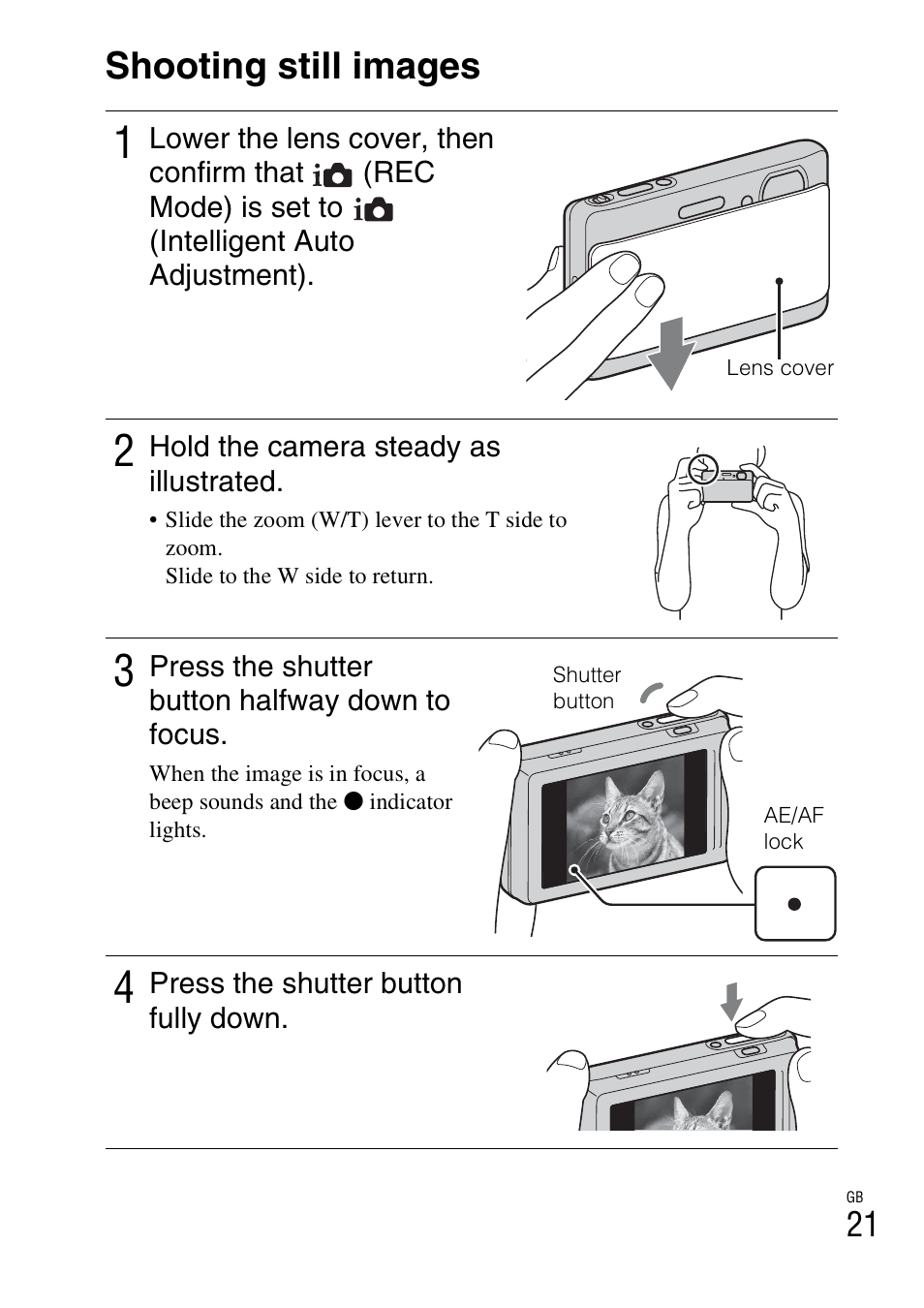 Shooting still images | Sony Cyber-shot 4-170-840-12(1) User Manual | Page 21 / 36