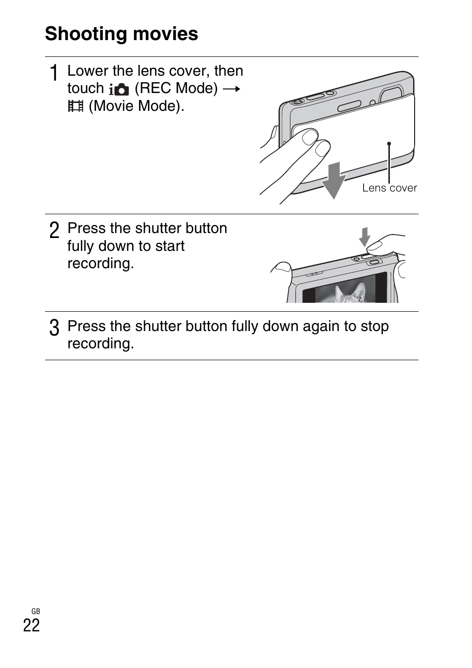 Shooting movies | Sony Cyber-shot 4-170-840-12(1) User Manual | Page 22 / 36