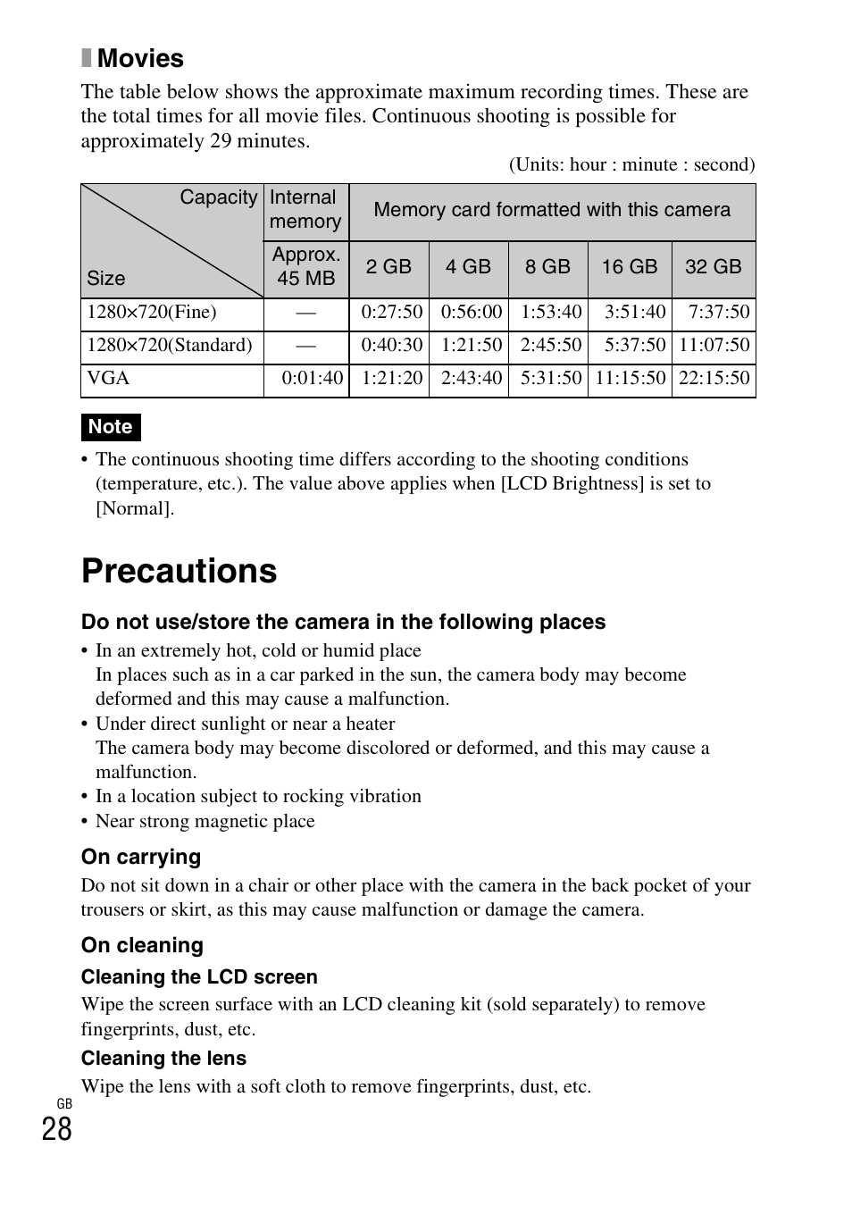 Precautions, Xmovies | Sony Cyber-shot 4-170-840-12(1) User Manual | Page 28 / 36