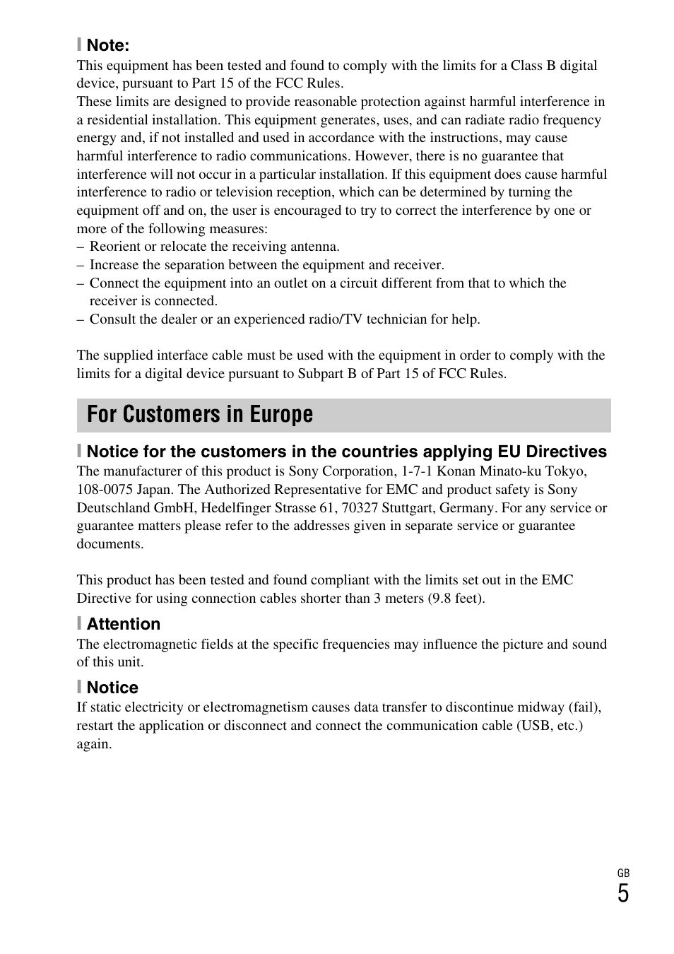 For customers in europe | Sony Cyber-shot 4-170-840-12(1) User Manual | Page 5 / 36