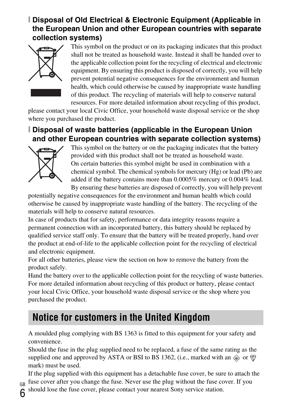 Notice for customers in the united kingdom | Sony Cyber-shot 4-170-840-12(1) User Manual | Page 6 / 36