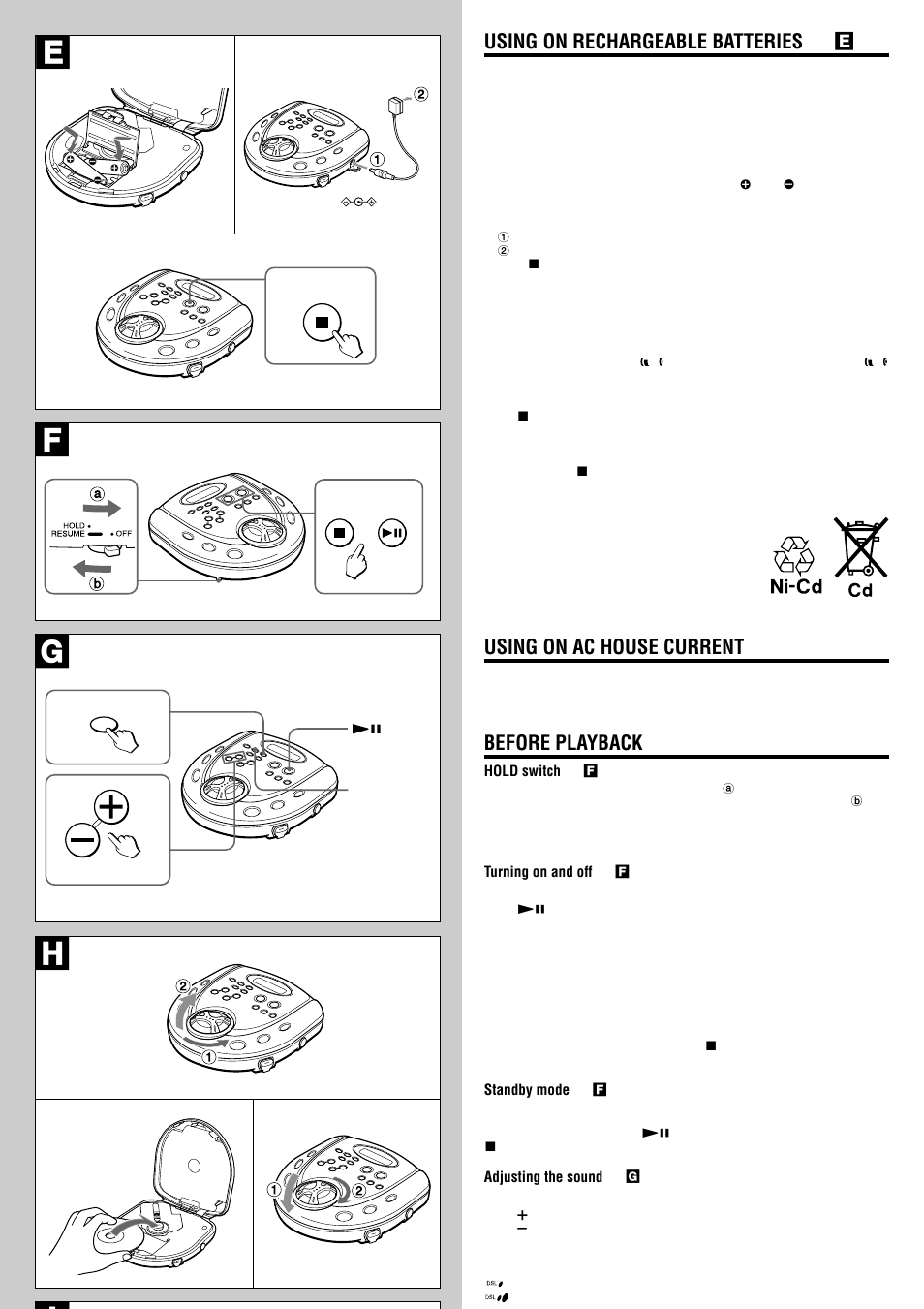 Fg h, Using on rechargeable batteries → e, Using on ac house current | Before playback | Sony XP-SR320 User Manual | Page 3 / 8