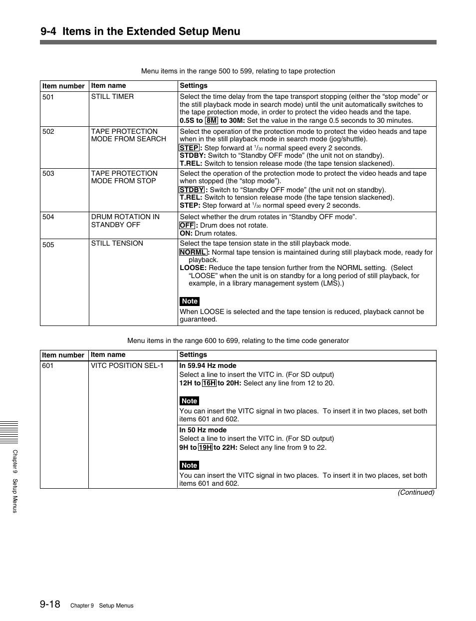 4 items in the extended setup menu | Sony HDW-M2000 User Manual | Page 114 / 142