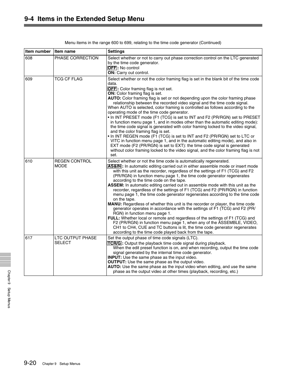 4 items in the extended setup menu | Sony HDW-M2000 User Manual | Page 116 / 142