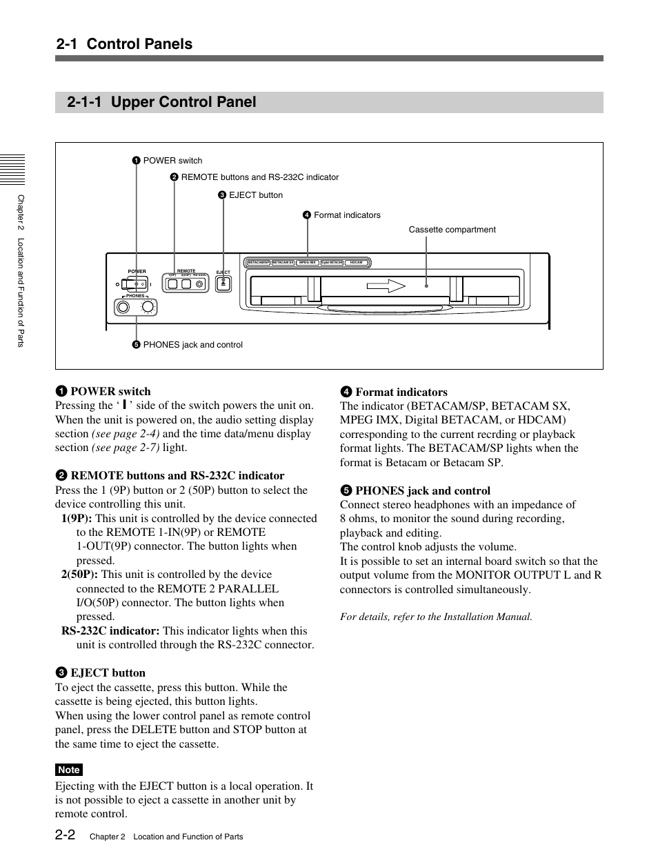 1-1 upper control panel, 1 control panels | Sony HDW-M2000 User Manual | Page 12 / 142