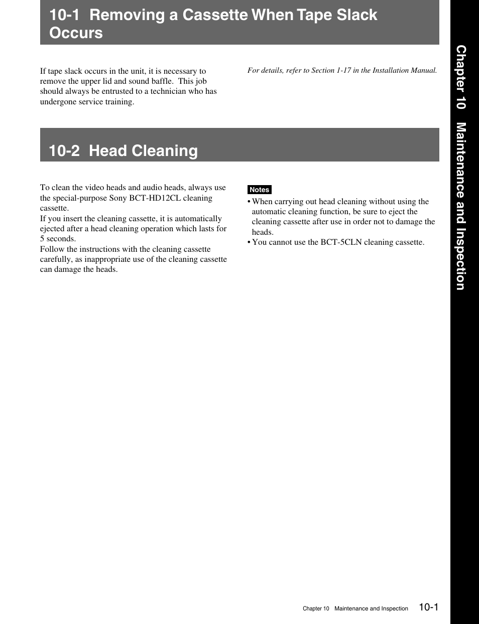 Chapter 10 maintenance and inspection, 1 removing a cassette when tape slack occurs, 2 head cleaning | Sony HDW-M2000 User Manual | Page 127 / 142