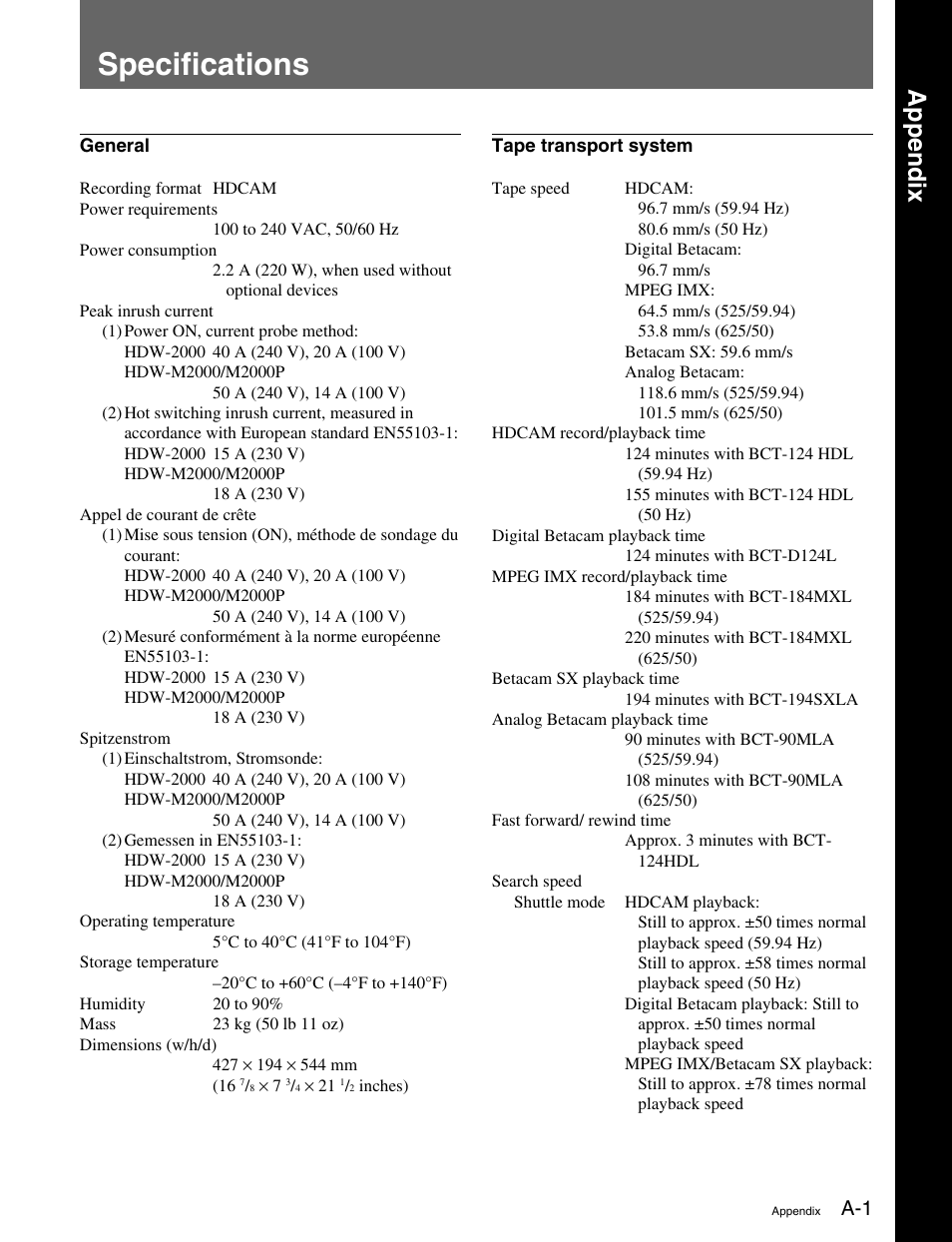 Appendix, Specifications | Sony HDW-M2000 User Manual | Page 133 / 142