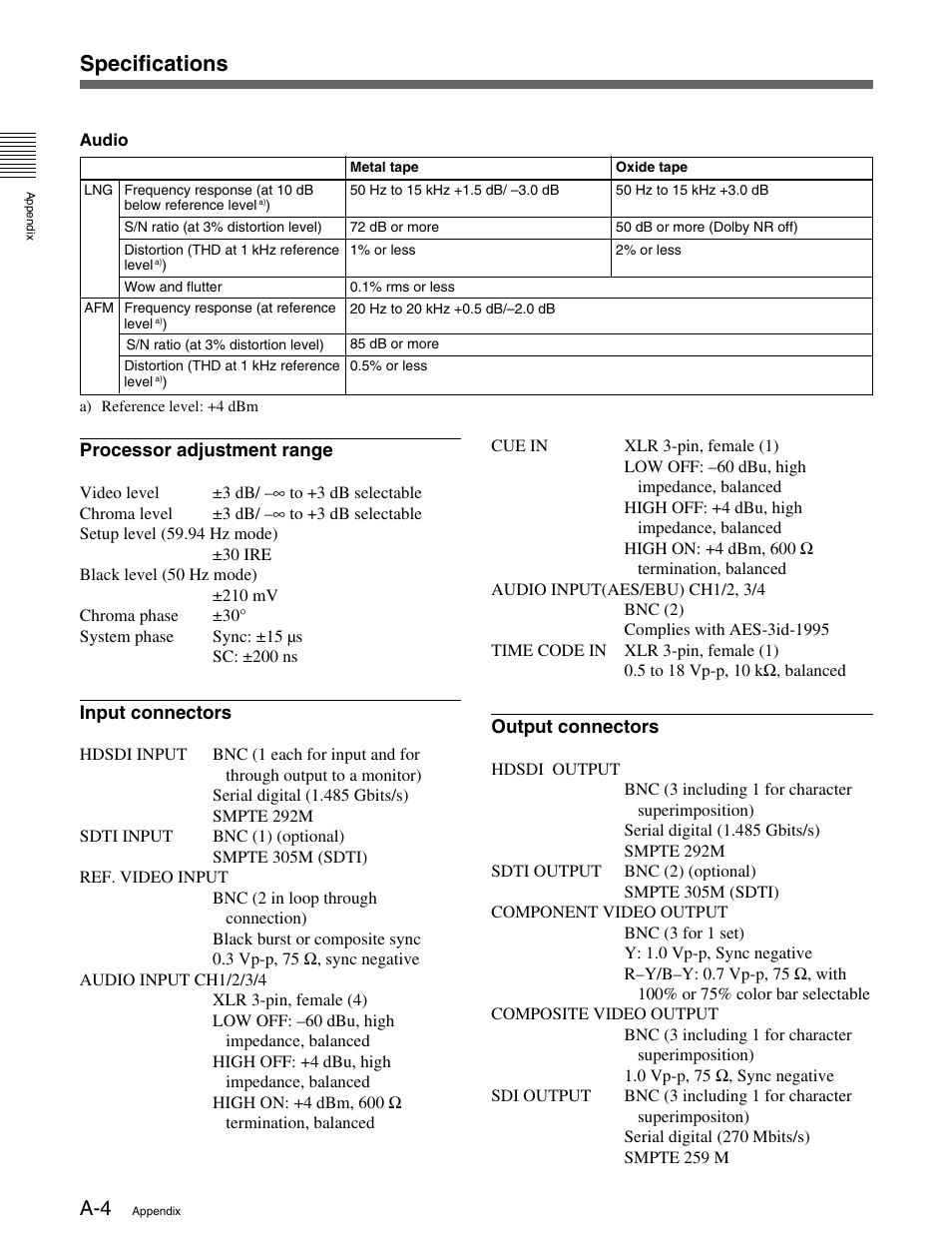 Specifications | Sony HDW-M2000 User Manual | Page 136 / 142