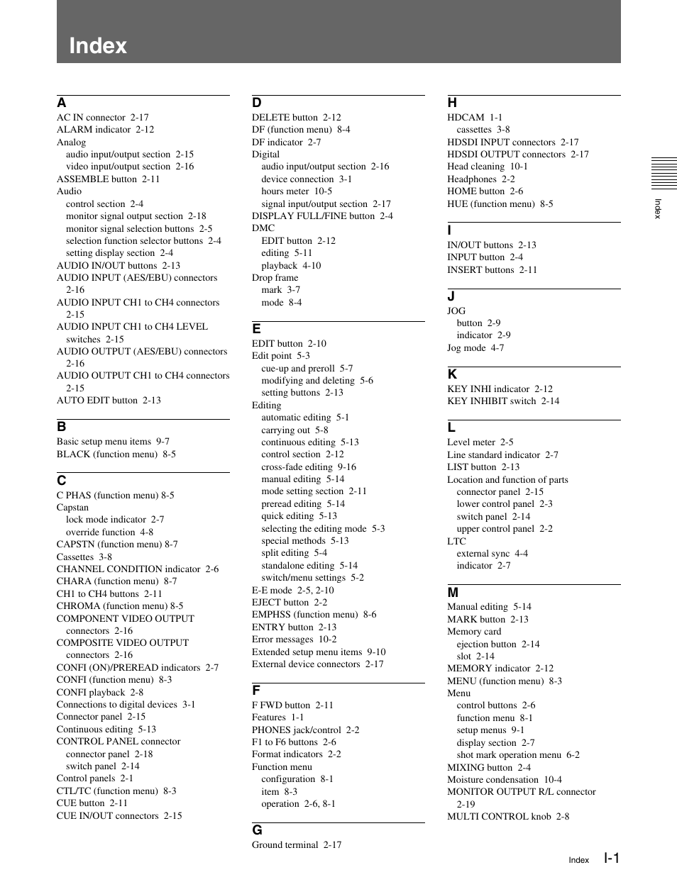 Index | Sony HDW-M2000 User Manual | Page 139 / 142