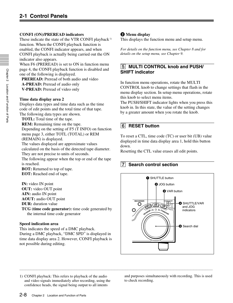 1 control panels, 5 multi control knob and push/ shift indicator, 6 reset button | Sony HDW-M2000 User Manual | Page 18 / 142