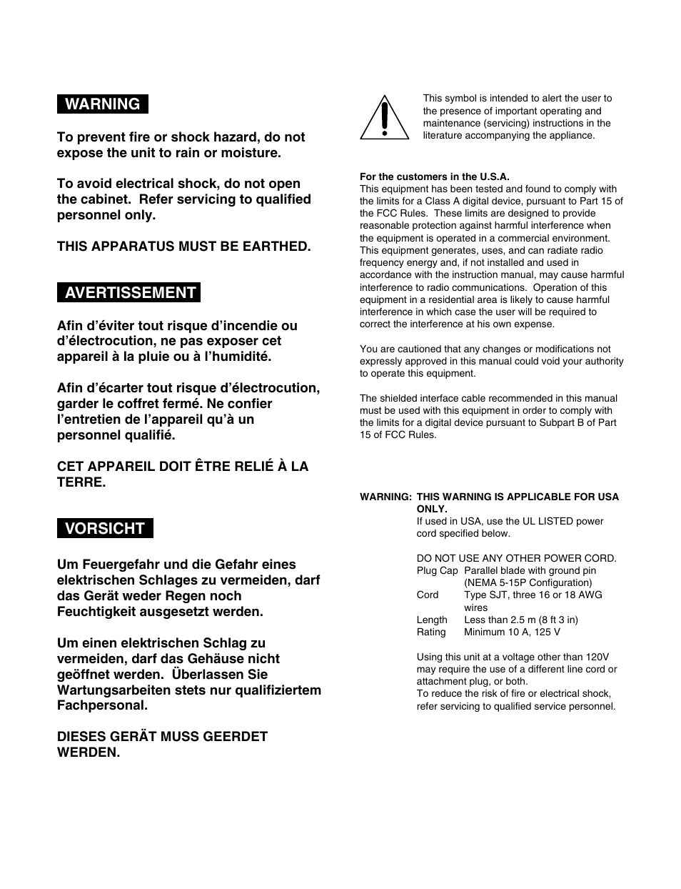 Warning, Avertissement, Vorsicht | Sony HDW-M2000 User Manual | Page 2 / 142