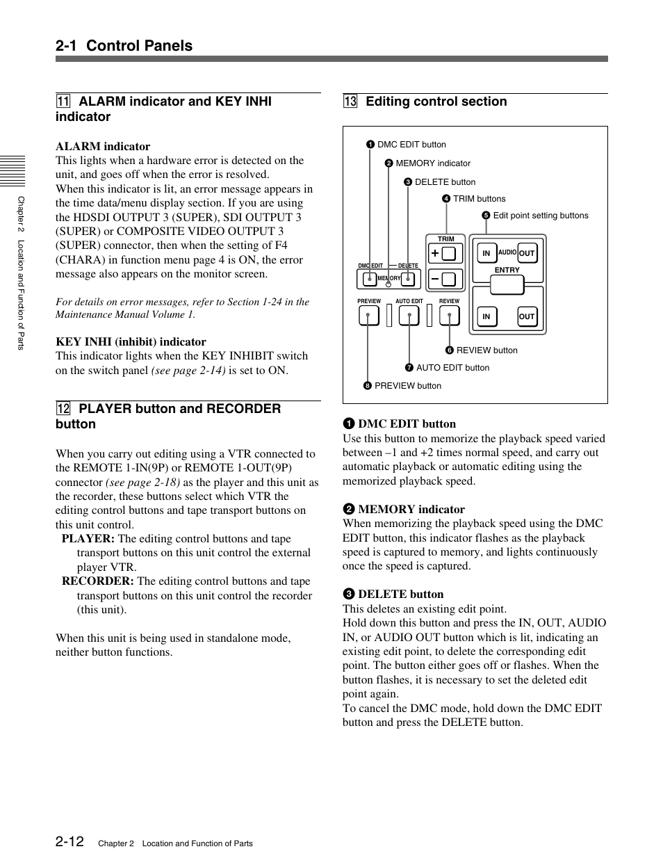 1 control panels, Qa alarm indicator and key inhi indicator, Qs player button and recorder button | Sony HDW-M2000 User Manual | Page 22 / 142