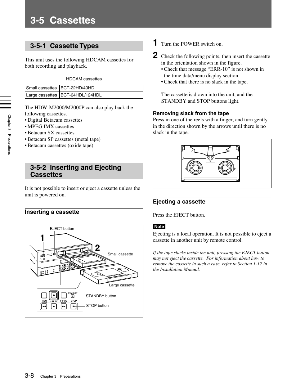 5 cassettes, 5-1 cassette types, 5-2 inserting and ejecting cassettes | Sony HDW-M2000 User Manual | Page 38 / 142