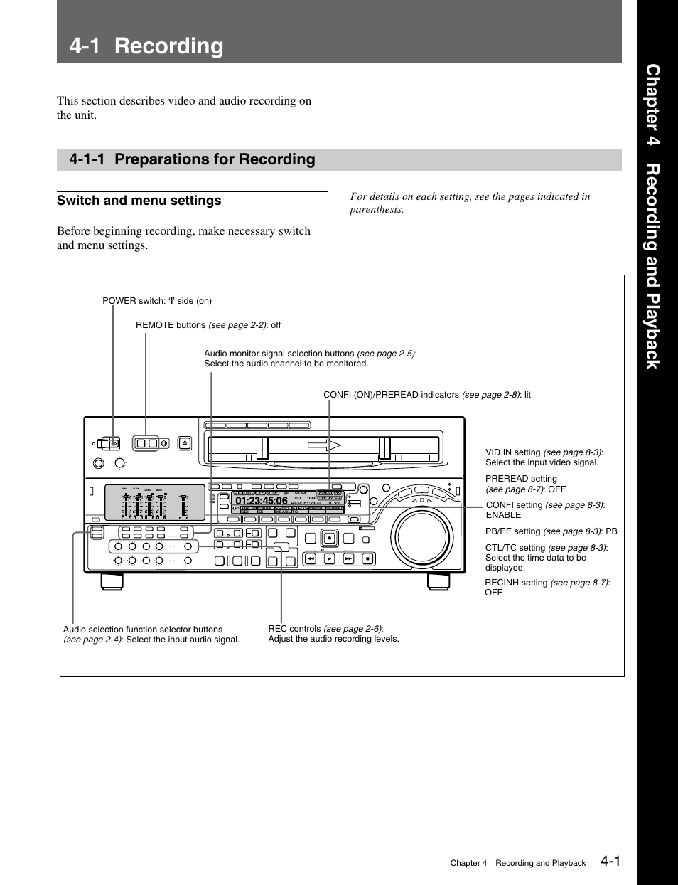 Chapter 4 recording and playback, 1 recording, 1-1 preparations for recording | Chapter 4 recor ding and pla ybac k, Switch and menu settings | Sony HDW-M2000 User Manual | Page 41 / 142