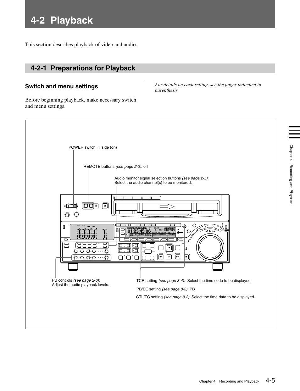 2 playback, 2-1 preparations for playback, Switch and menu settings | Sony HDW-M2000 User Manual | Page 45 / 142