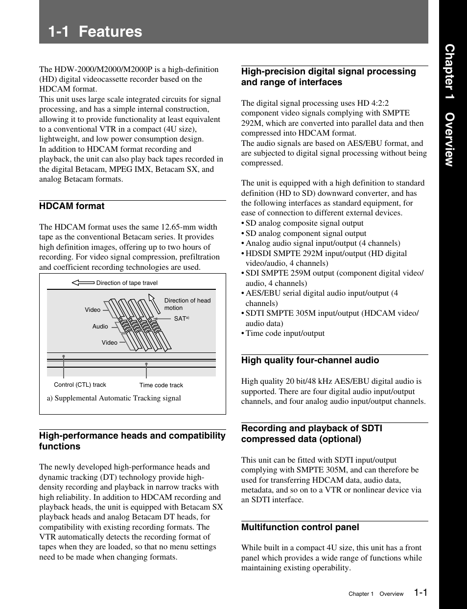 Chapter 1 overview, 1 features, Chapter 1 over vie w | Sony HDW-M2000 User Manual | Page 7 / 142