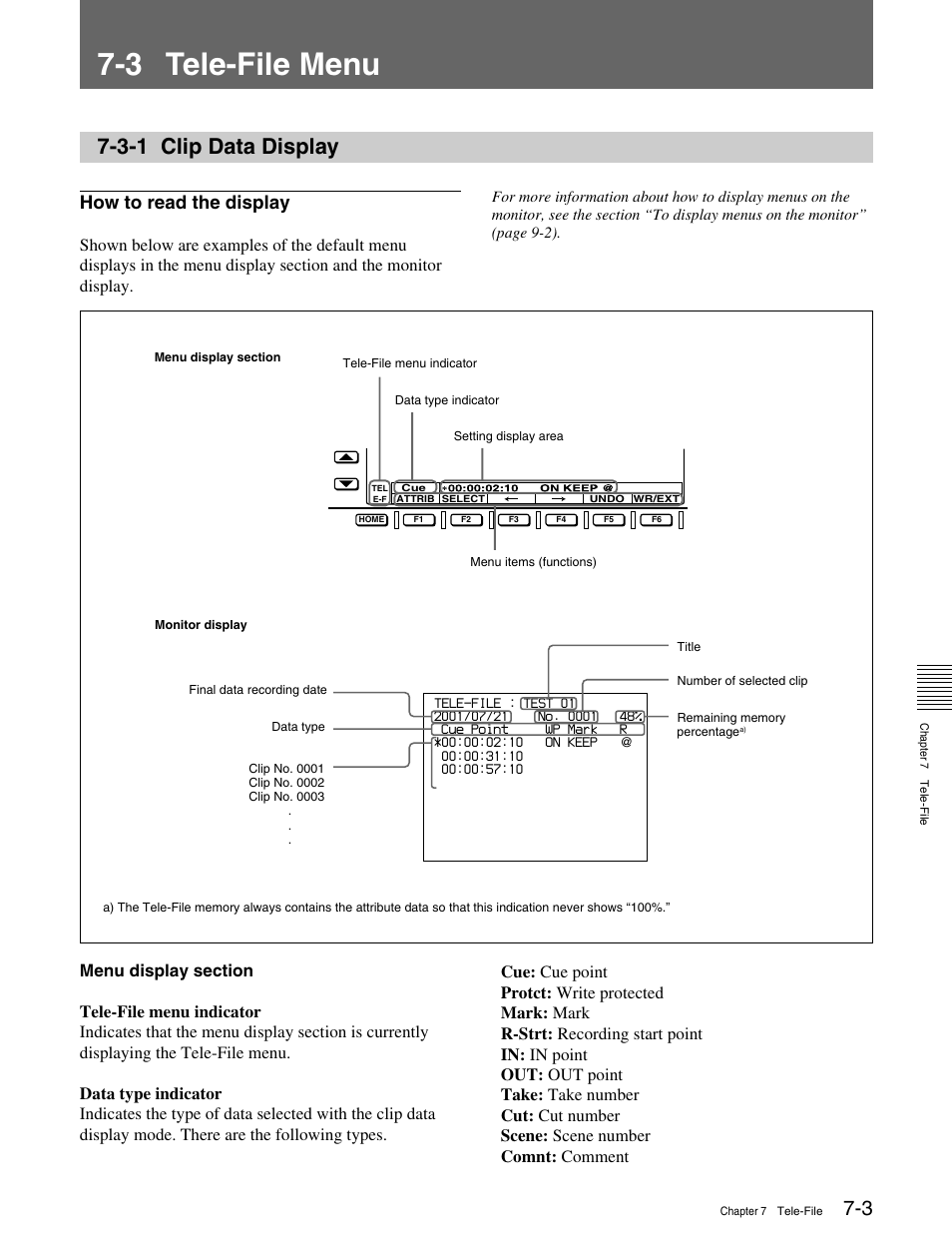3 tele-file menu, 3-1 clip data display, How to read the display | Sony HDW-M2000 User Manual | Page 79 / 142