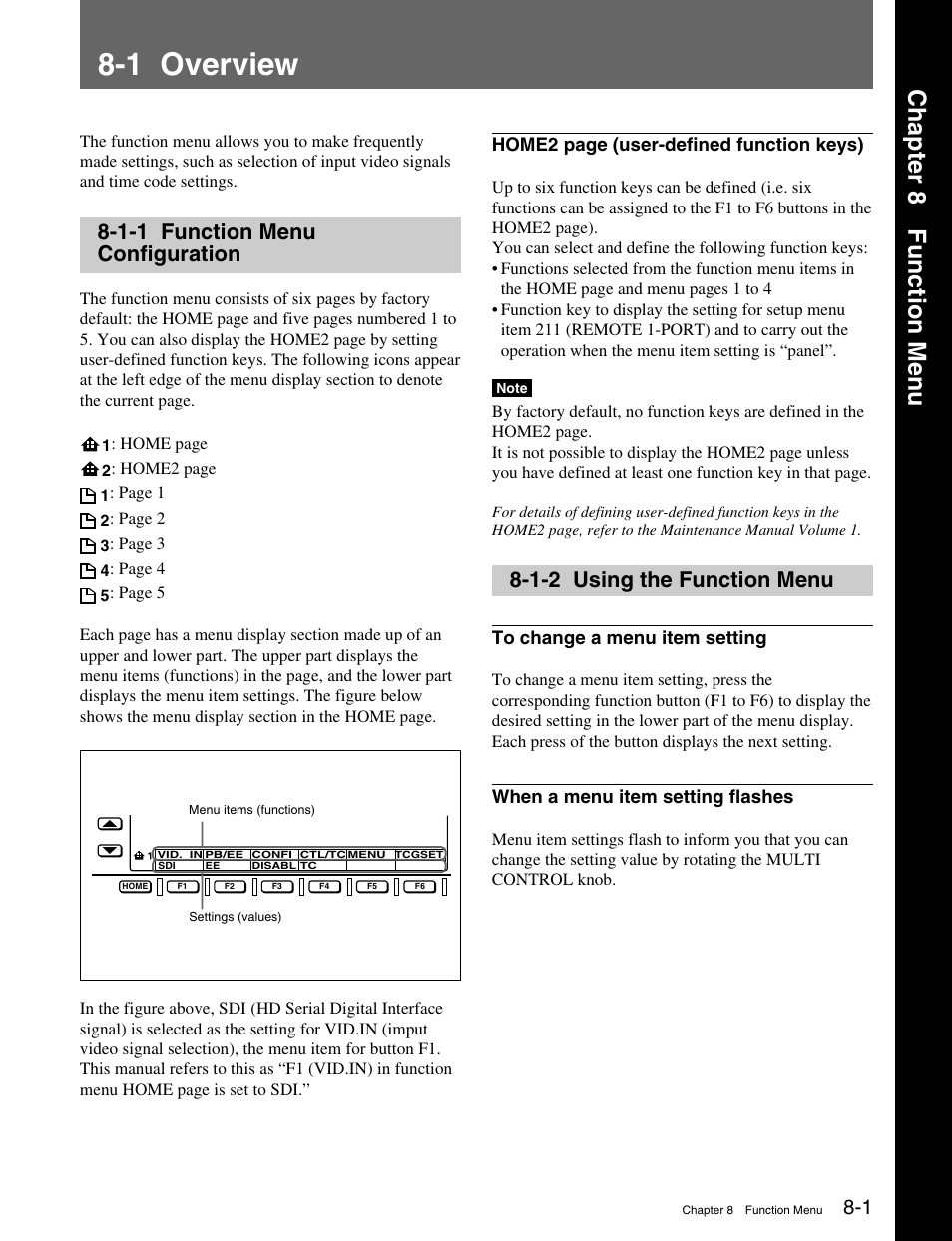 Chapter 8 function menu, 1 overview, 1-1 function menu configuration | 1-2 using the function menu, Chapter 8 function men u | Sony HDW-M2000 User Manual | Page 89 / 142