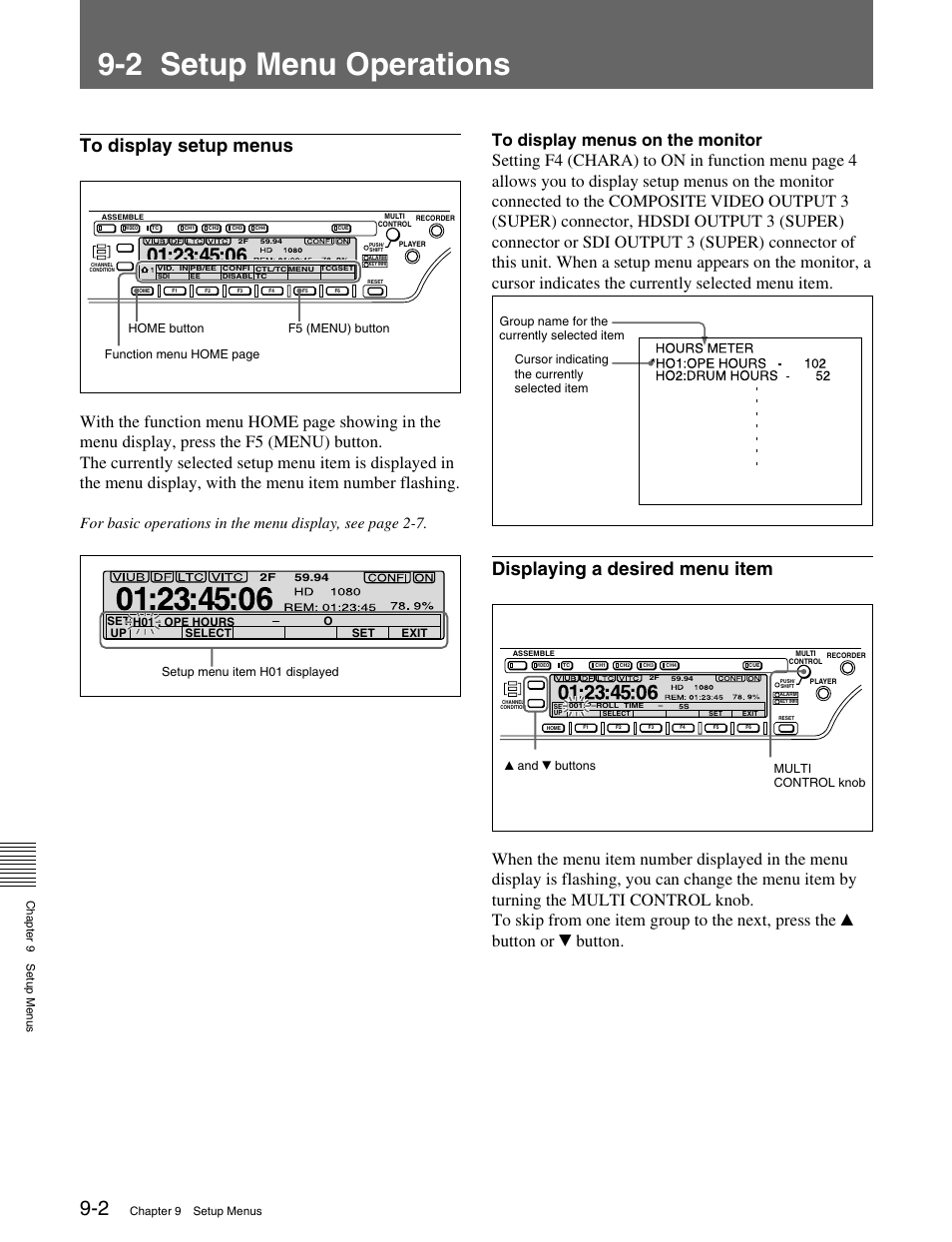 2 setup menu operations, Displaying a desired menu item | Sony HDW-M2000 User Manual | Page 98 / 142
