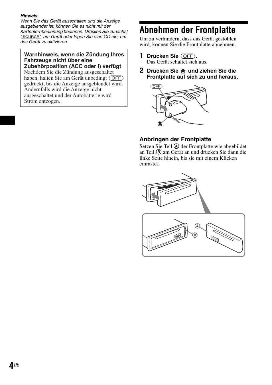 Abnehmen der frontplatte | Sony CDX-GT30RN User Manual | Page 10 / 84