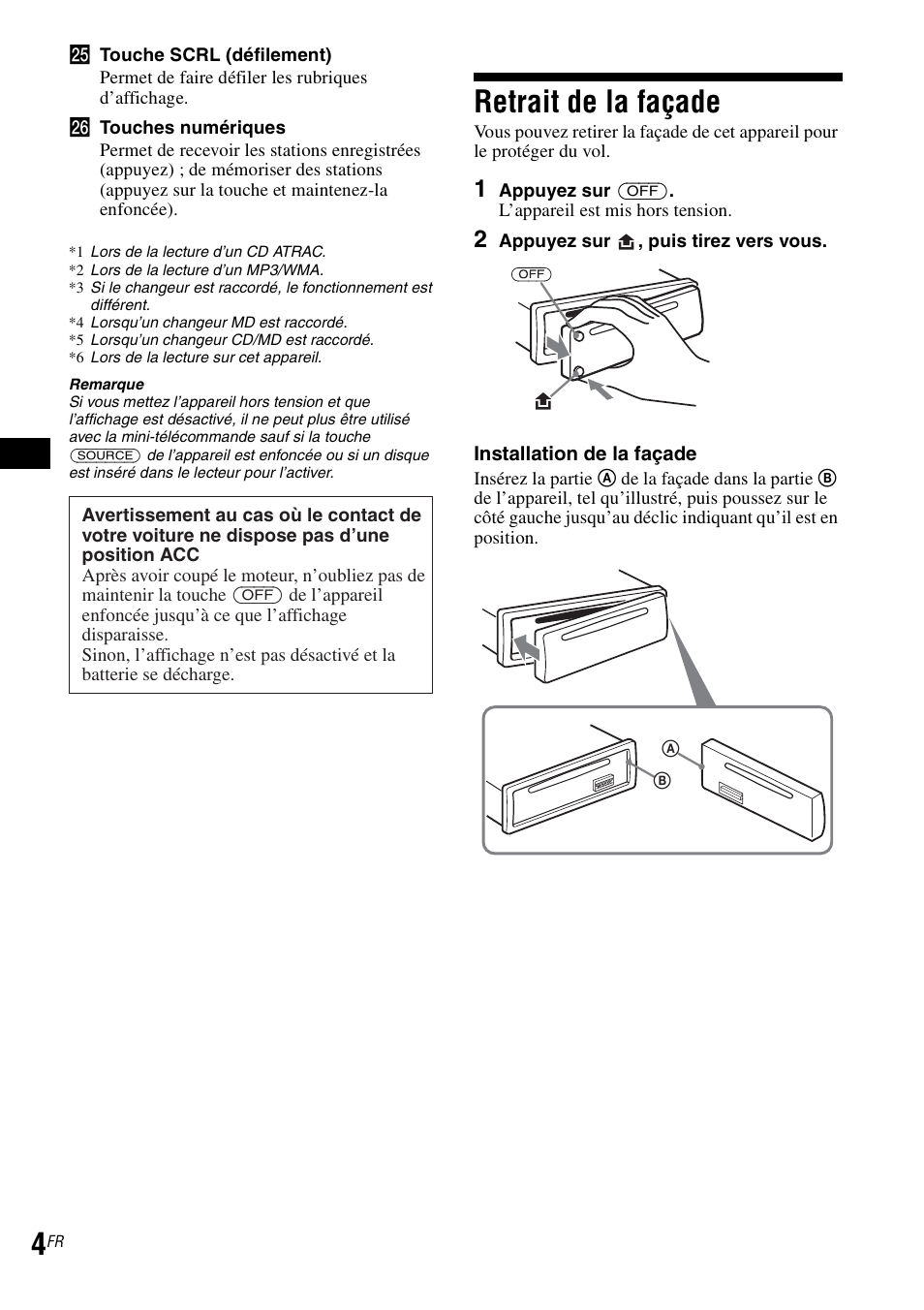 Retrait de la façade | Sony CDX-GT30RN User Manual | Page 16 / 84