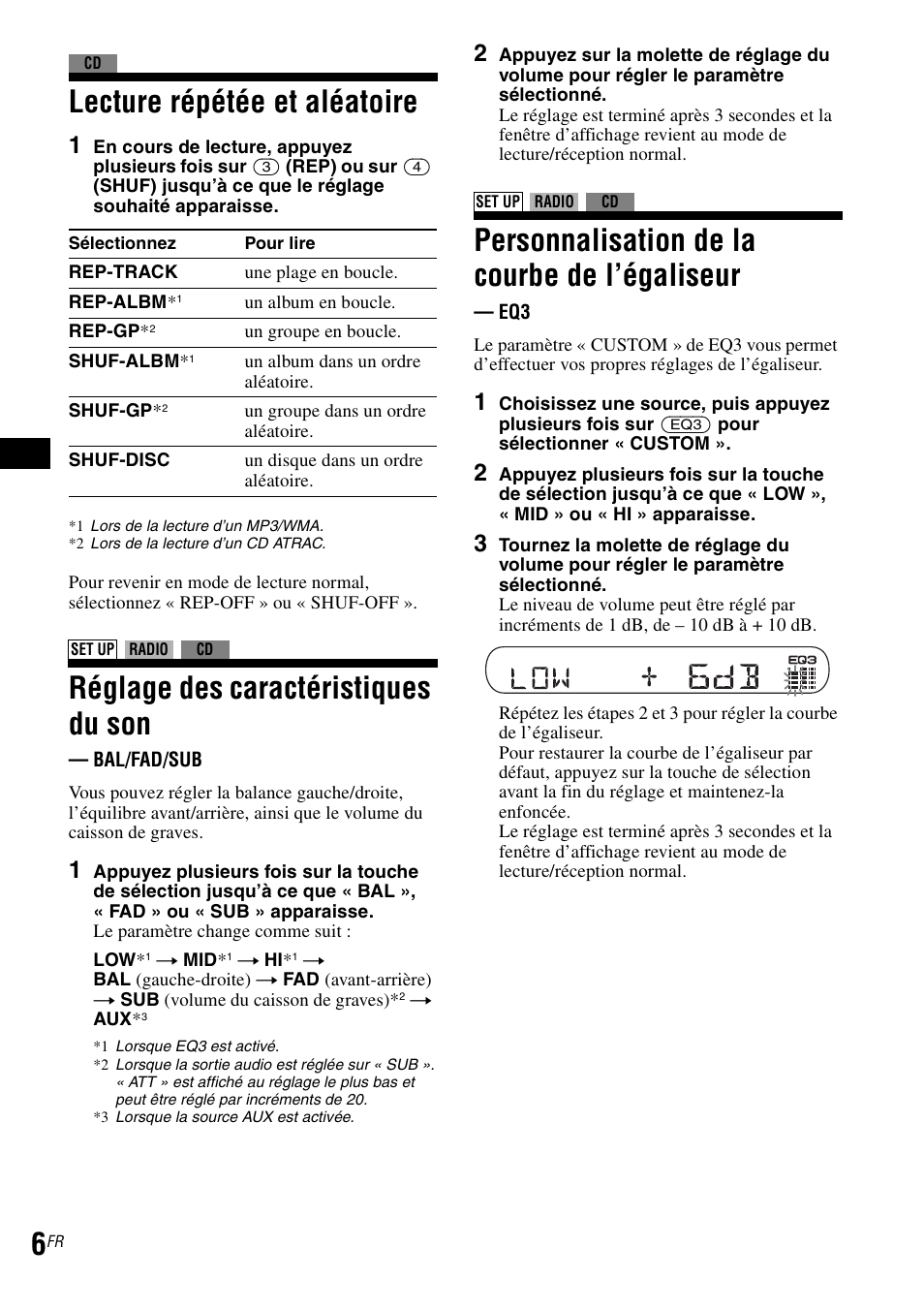 Lecture répétée et aléatoire, Réglage des caractéristiques du son, Personnalisation de la courbe de l’égaliseur | Sony CDX-GT30RN User Manual | Page 18 / 84