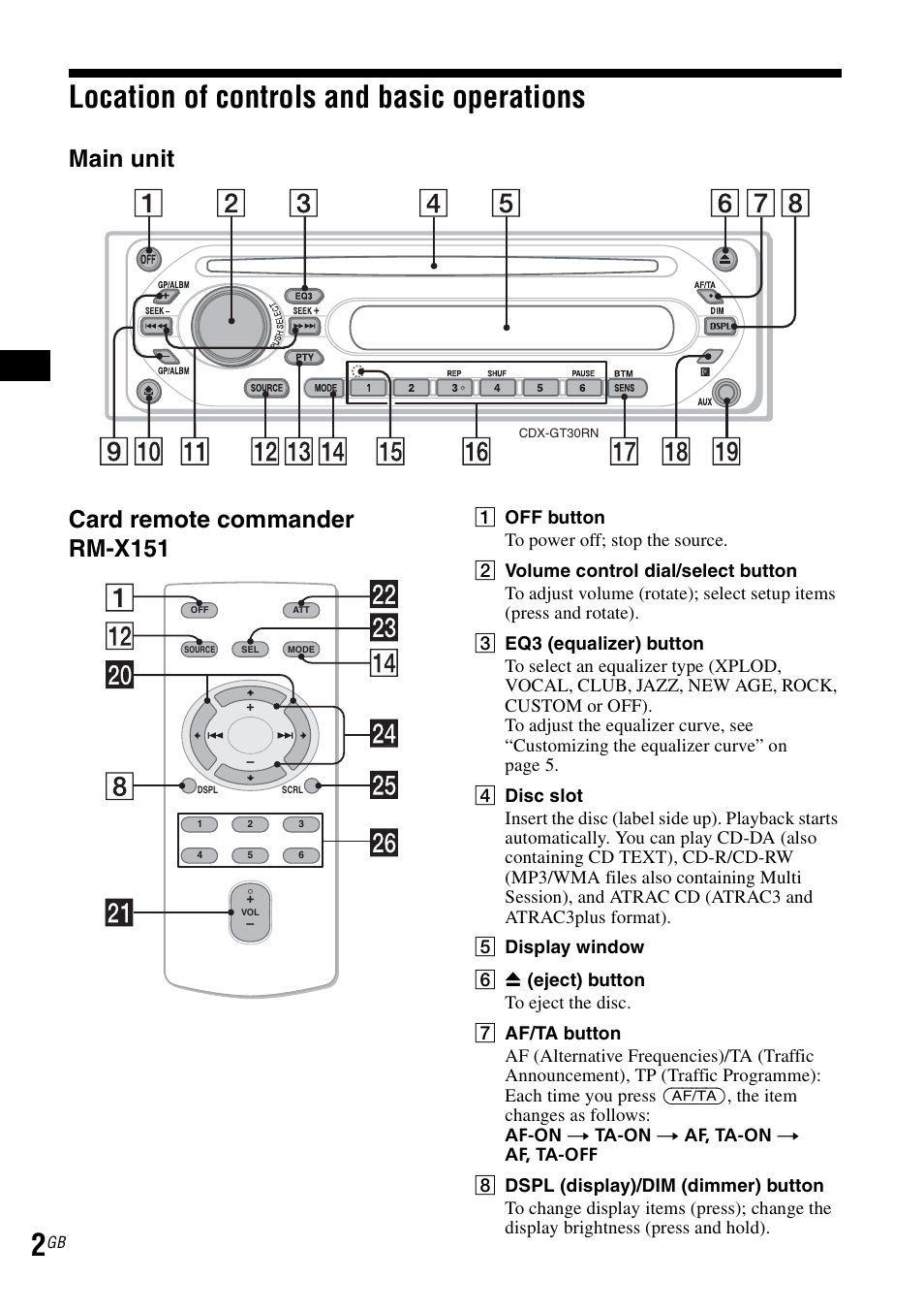 Location of controls and basic operations, Main unit card remote commander rm-x151 | Sony CDX-GT30RN User Manual | Page 2 / 84