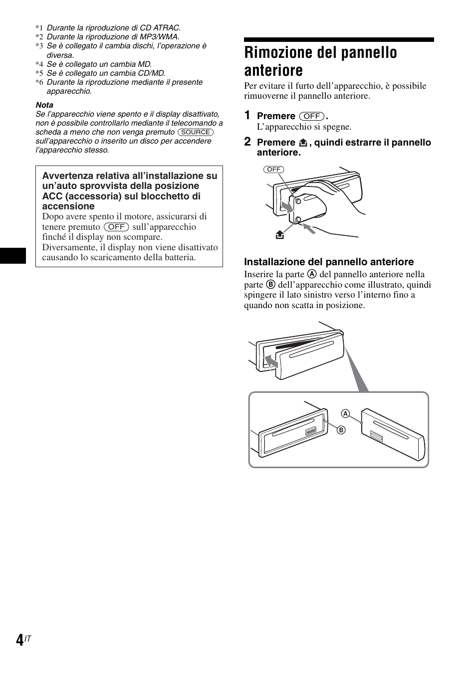 Rimozione del pannello anteriore | Sony CDX-GT30RN User Manual | Page 22 / 84