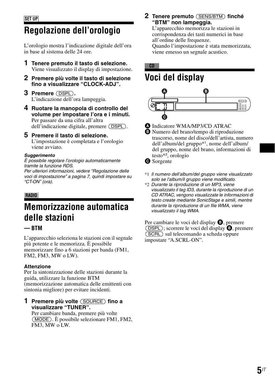 Regolazione dell’orologio, Memorizzazione automatica delle stazioni, Voci del display | Sony CDX-GT30RN User Manual | Page 23 / 84