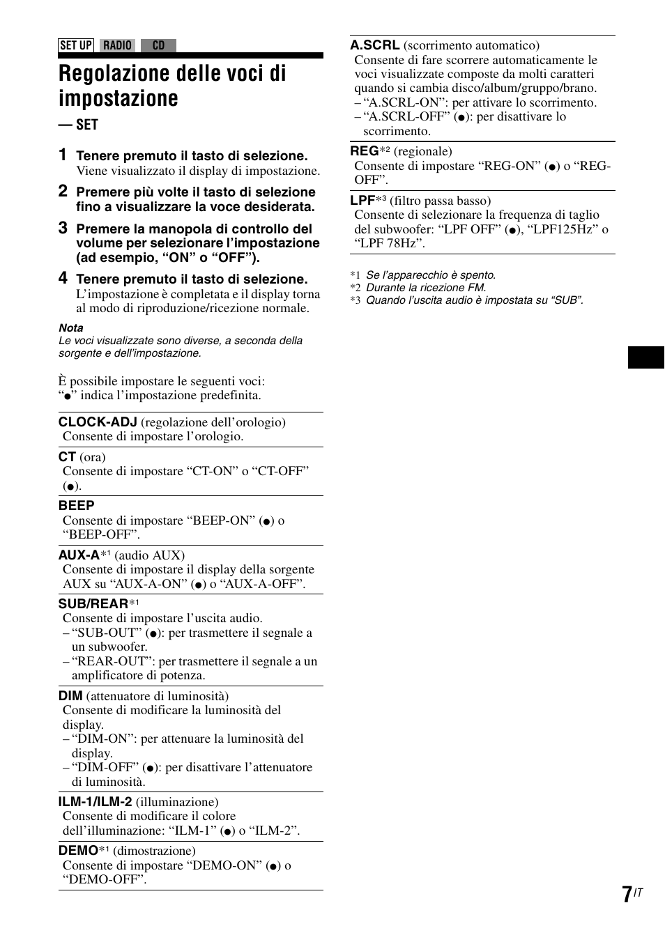 Regolazione delle voci di impostazione | Sony CDX-GT30RN User Manual | Page 25 / 84