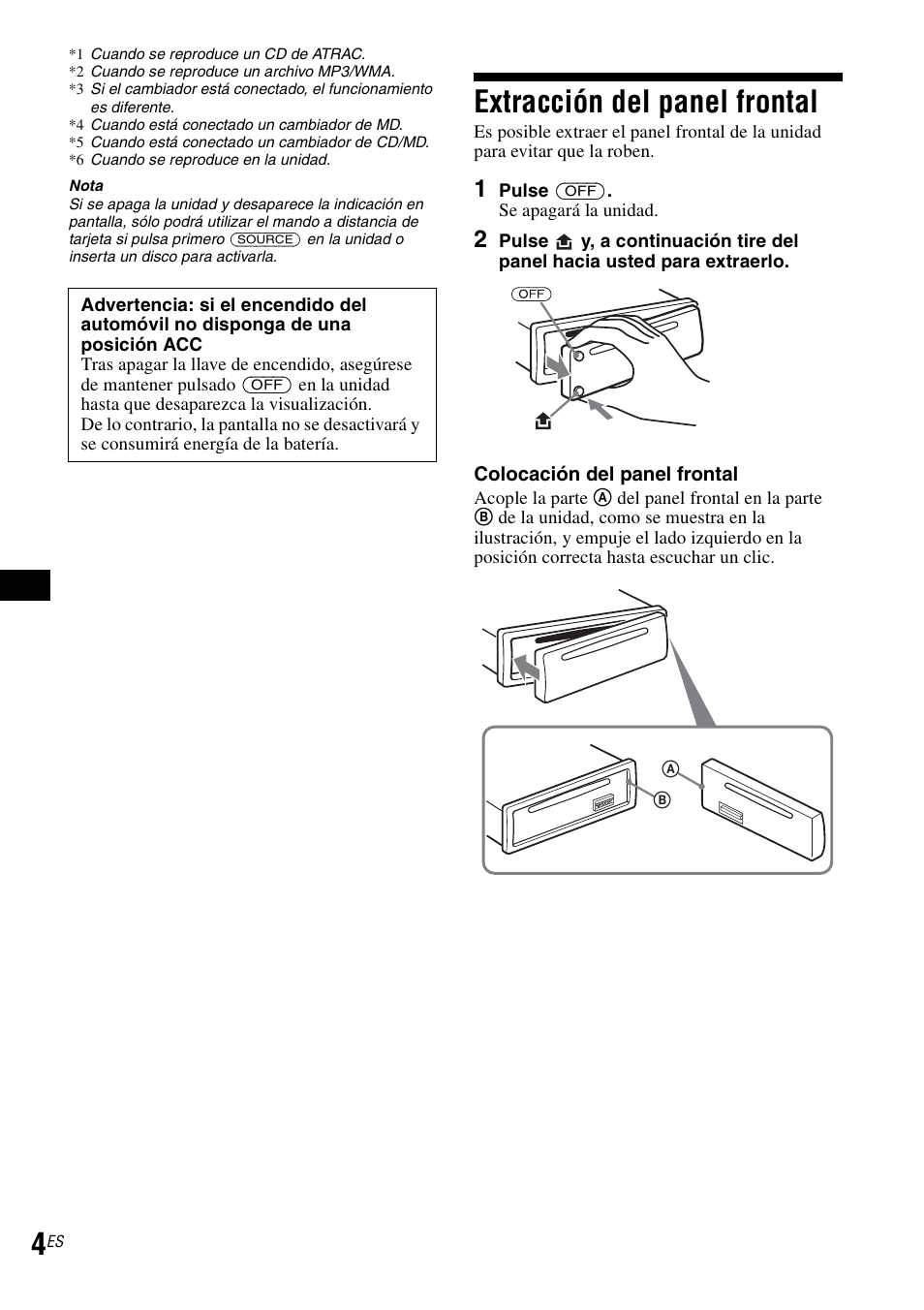 Extracción del panel frontal | Sony CDX-GT30RN User Manual | Page 34 / 84