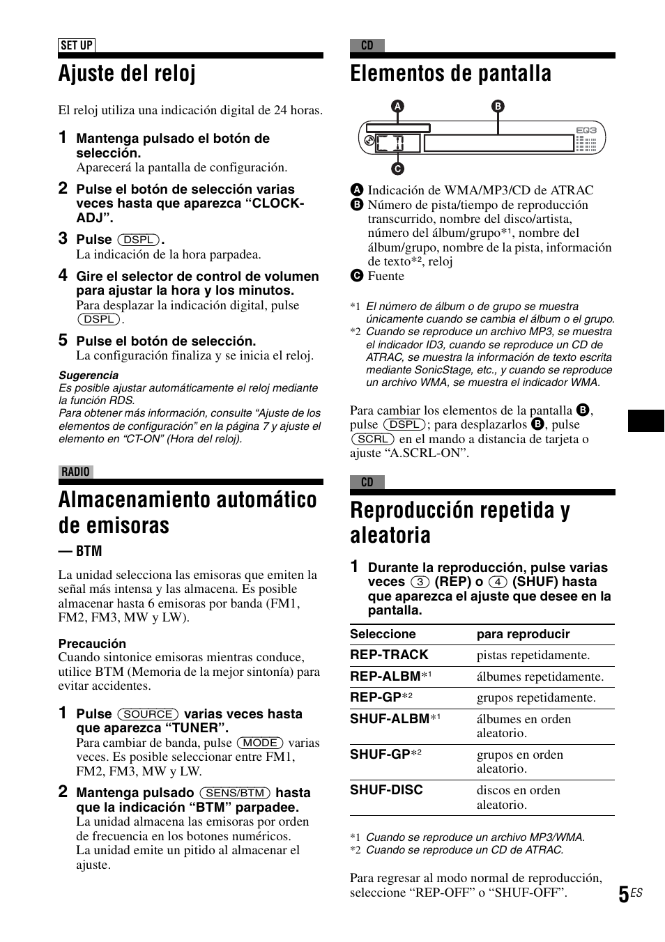 Ajuste del reloj, Almacenamiento automático de emisoras, Elementos de pantalla | Reproducción repetida y aleatoria | Sony CDX-GT30RN User Manual | Page 35 / 84