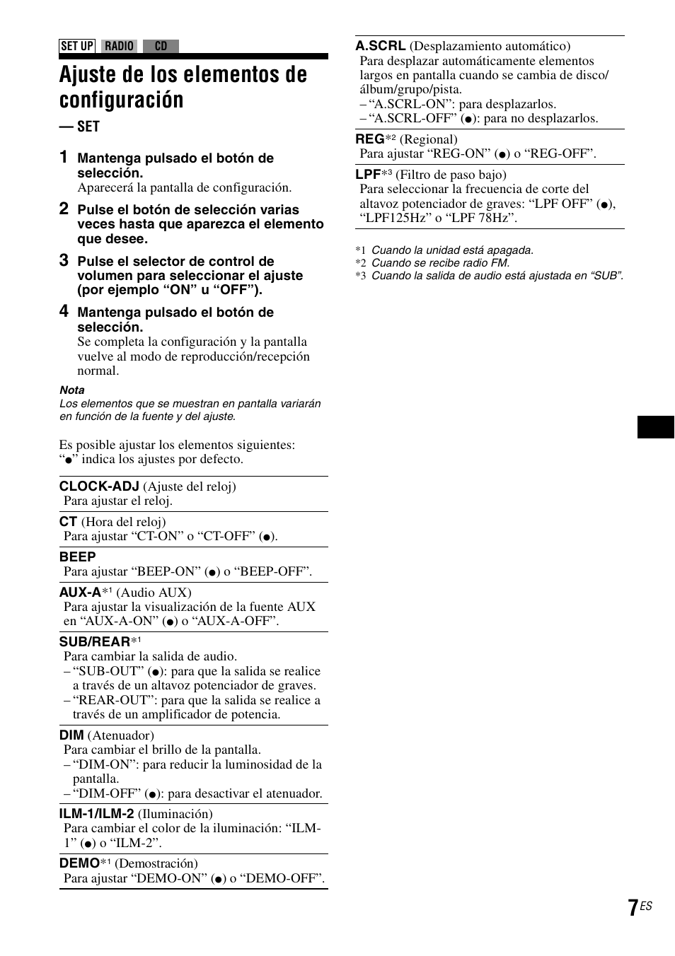 Ajuste de los elementos de configuración | Sony CDX-GT30RN User Manual | Page 37 / 84