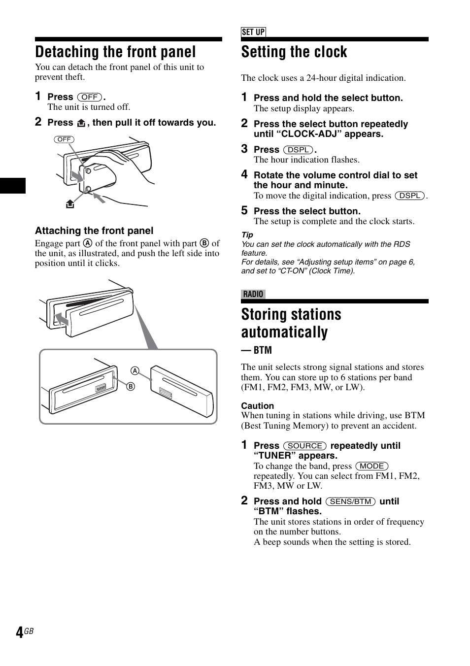 Detaching the front panel, Setting the clock, Storing stations automatically | Sony CDX-GT30RN User Manual | Page 4 / 84
