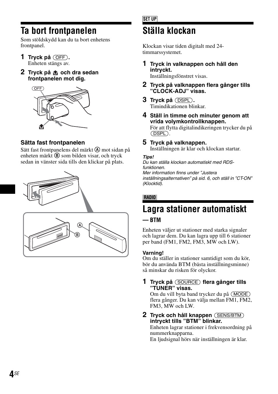 Ta bort frontpanelen, Ställa klockan, Lagra stationer automatiskt | Sony CDX-GT30RN User Manual | Page 40 / 84