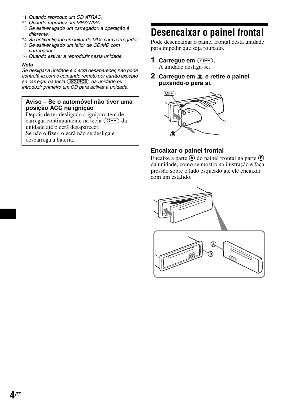 Desencaixar o painel frontal | Sony CDX-GT30RN User Manual | Page 46 / 84