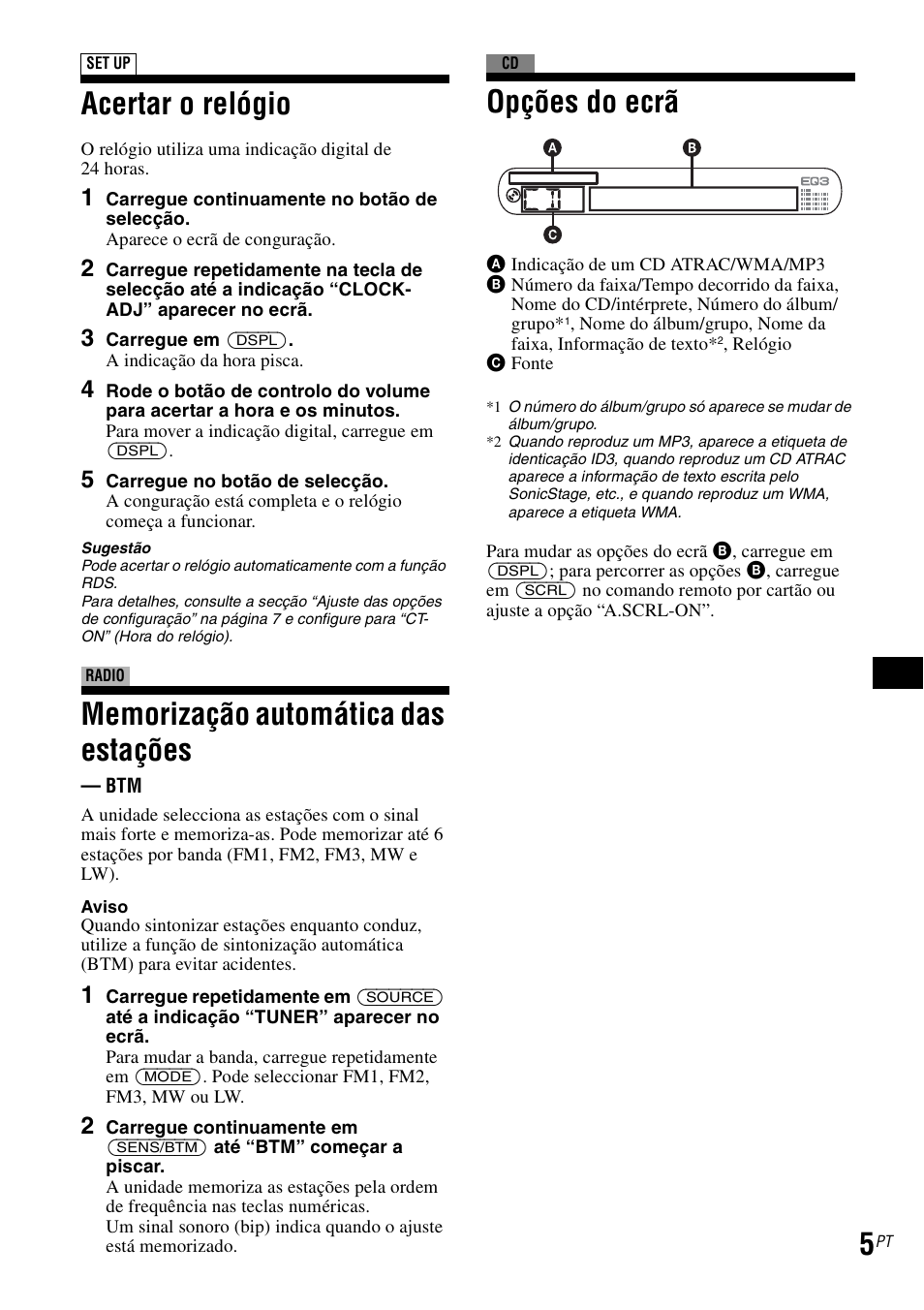 Acertar o relógio, Memorização automática das estações, Opções do ecrã | Sony CDX-GT30RN User Manual | Page 47 / 84