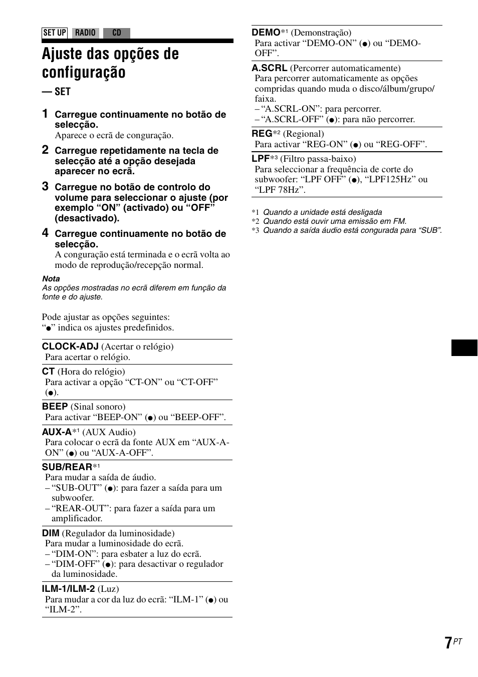 Ajuste das opções de configuração | Sony CDX-GT30RN User Manual | Page 49 / 84