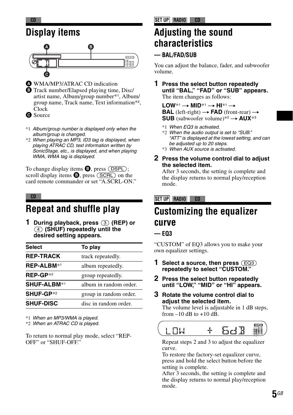 Display items, Repeat and shuffle play, Adjusting the sound characteristics | Customizing the equalizer curve | Sony CDX-GT30RN User Manual | Page 5 / 84