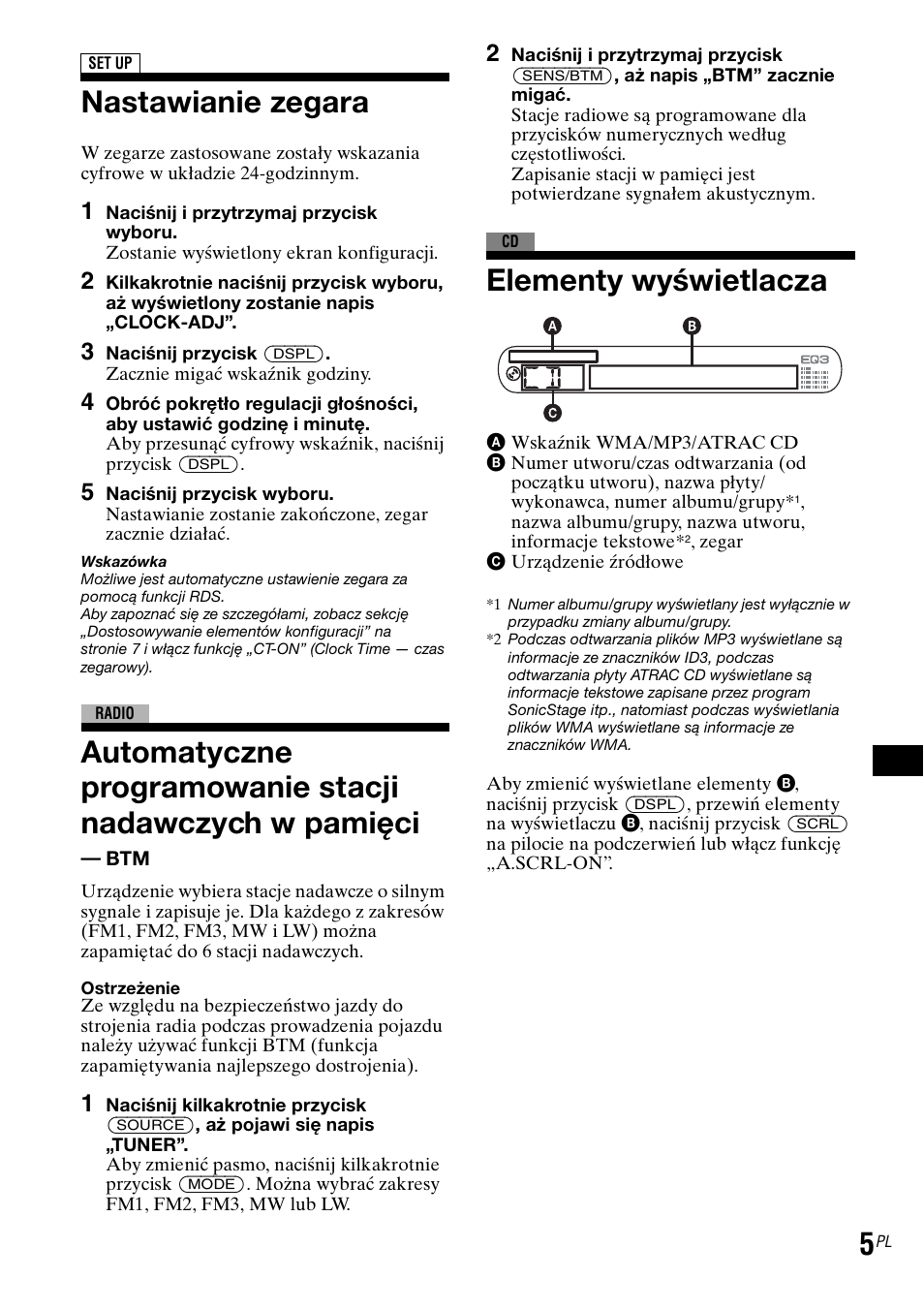 Nastawianie zegara, Elementy wyświetlacza | Sony CDX-GT30RN User Manual | Page 59 / 84