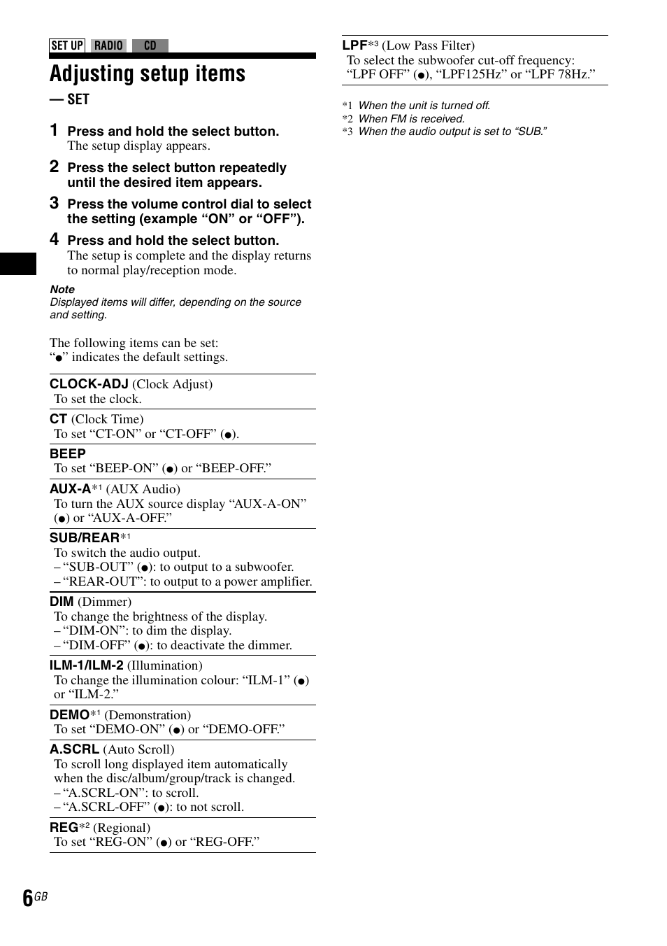 Adjusting setup items | Sony CDX-GT30RN User Manual | Page 6 / 84